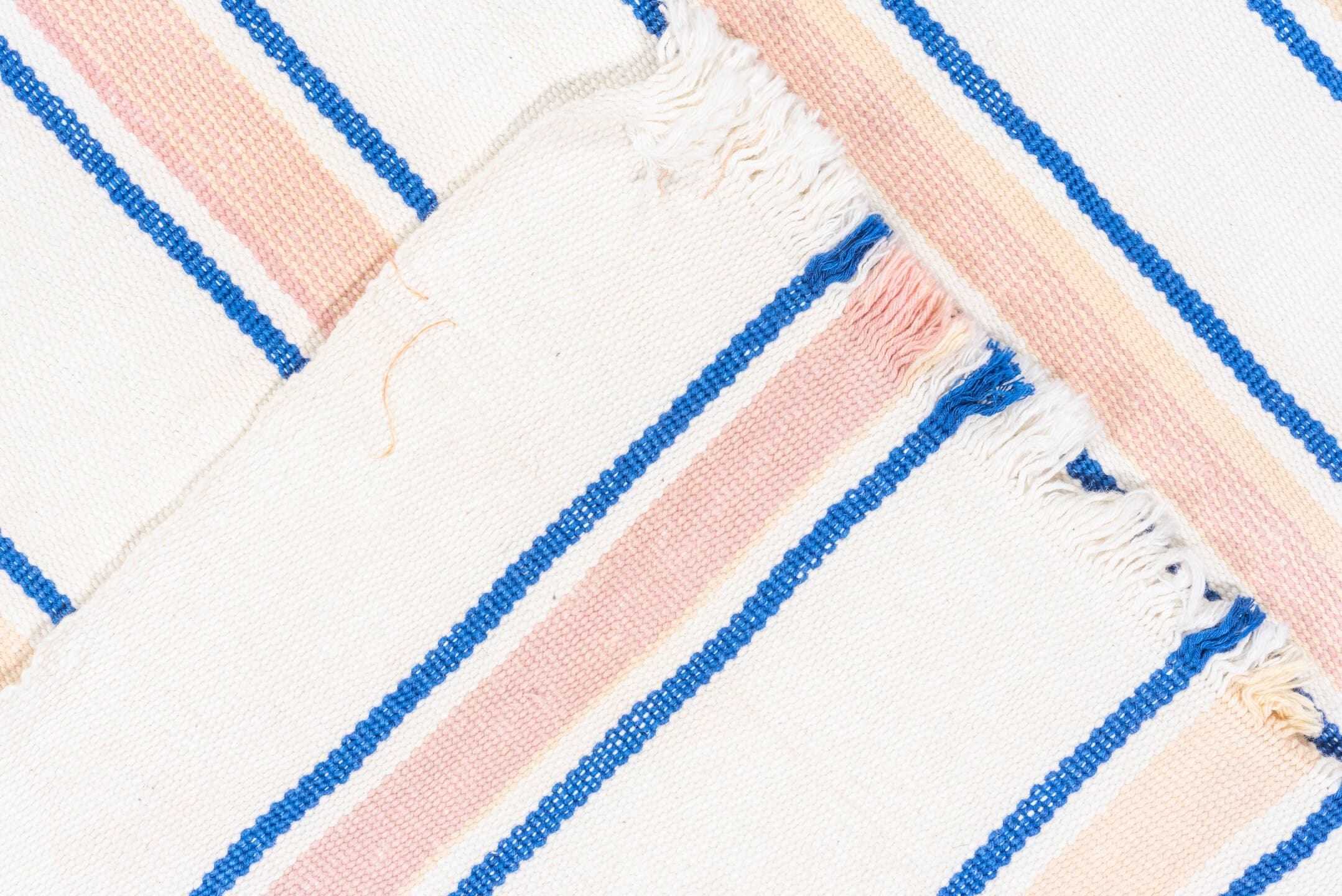 2' x 11' one-of-a-kind handmade antique Flatweave runner rug. Color palette: ivory, blue, rose, pink, red