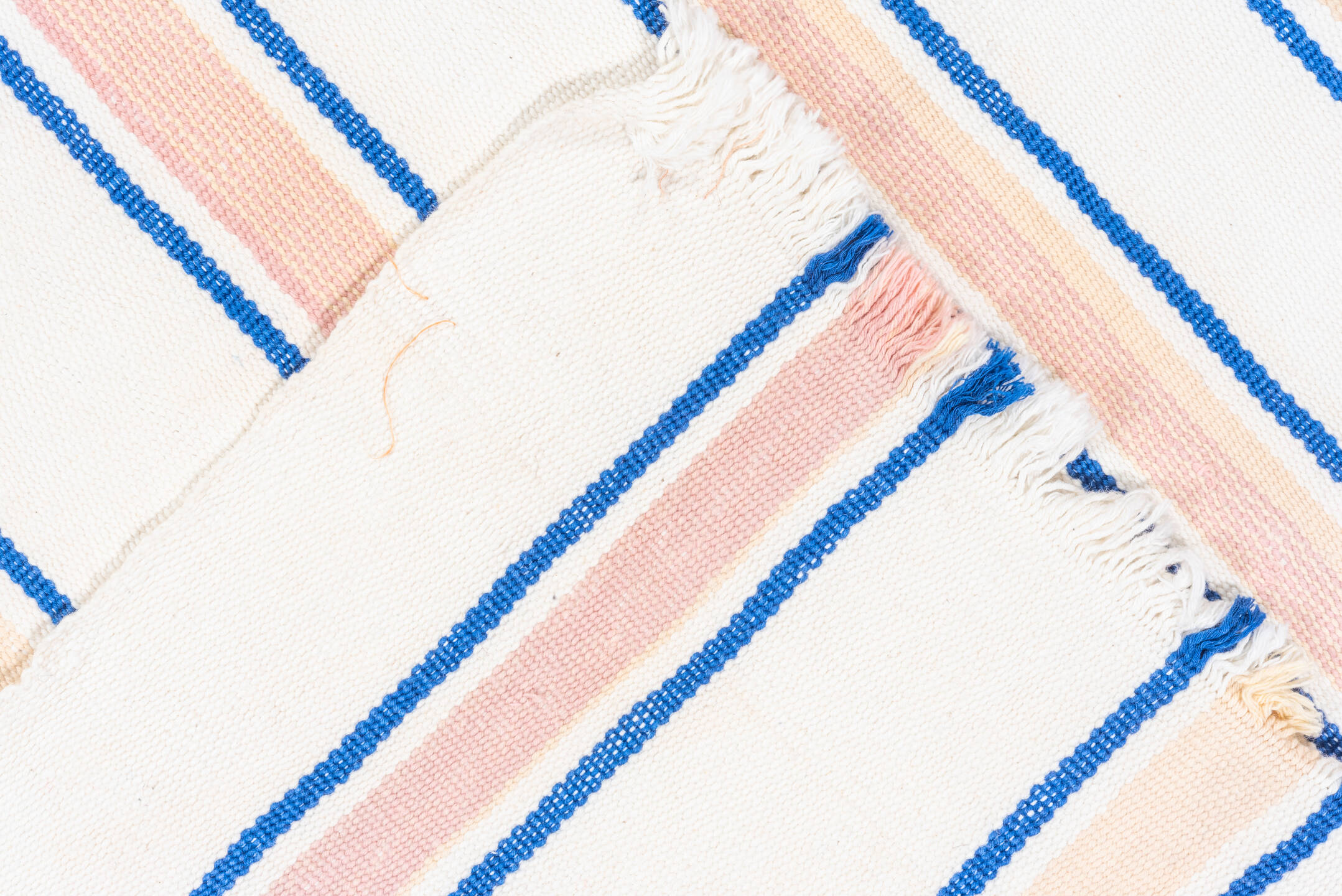 2' x 11' one-of-a-kind handmade antique Flatweave runner rug. Color palette: ivory, blue, rose, pink, red