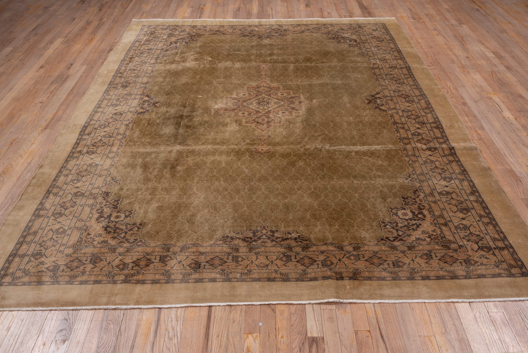 8' x 10' one-of-a-kind handmade antique Sivas large size rug. Color palette: camel, taupe, beige, charcoal, rose, ivory