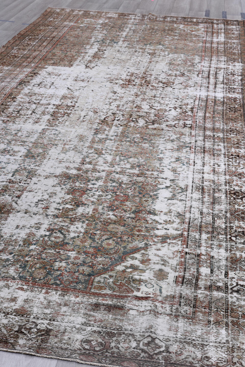 6' x 16' one-of-a-kind handmade antique Mahal rug. Color palette: ivory, taupe, brown, rust, faded blue, beige, gray