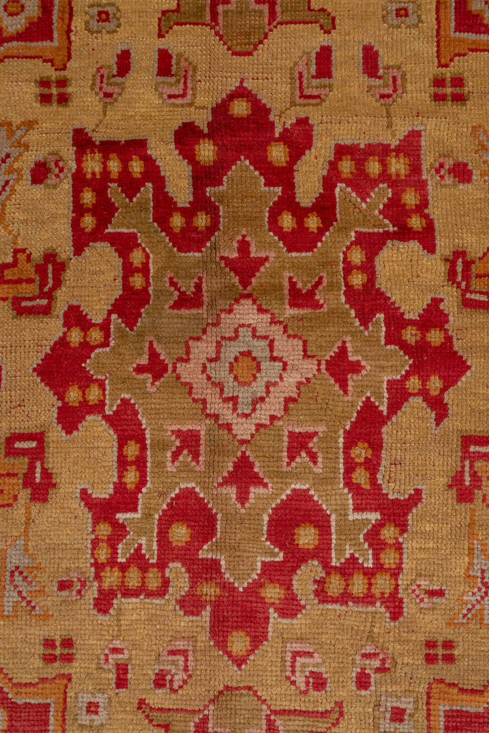 12' x 20' one-of-a-kind handmade antique Oushak oversize rug. Color palette: terra cotta, gold, rust, muted blue, ivory