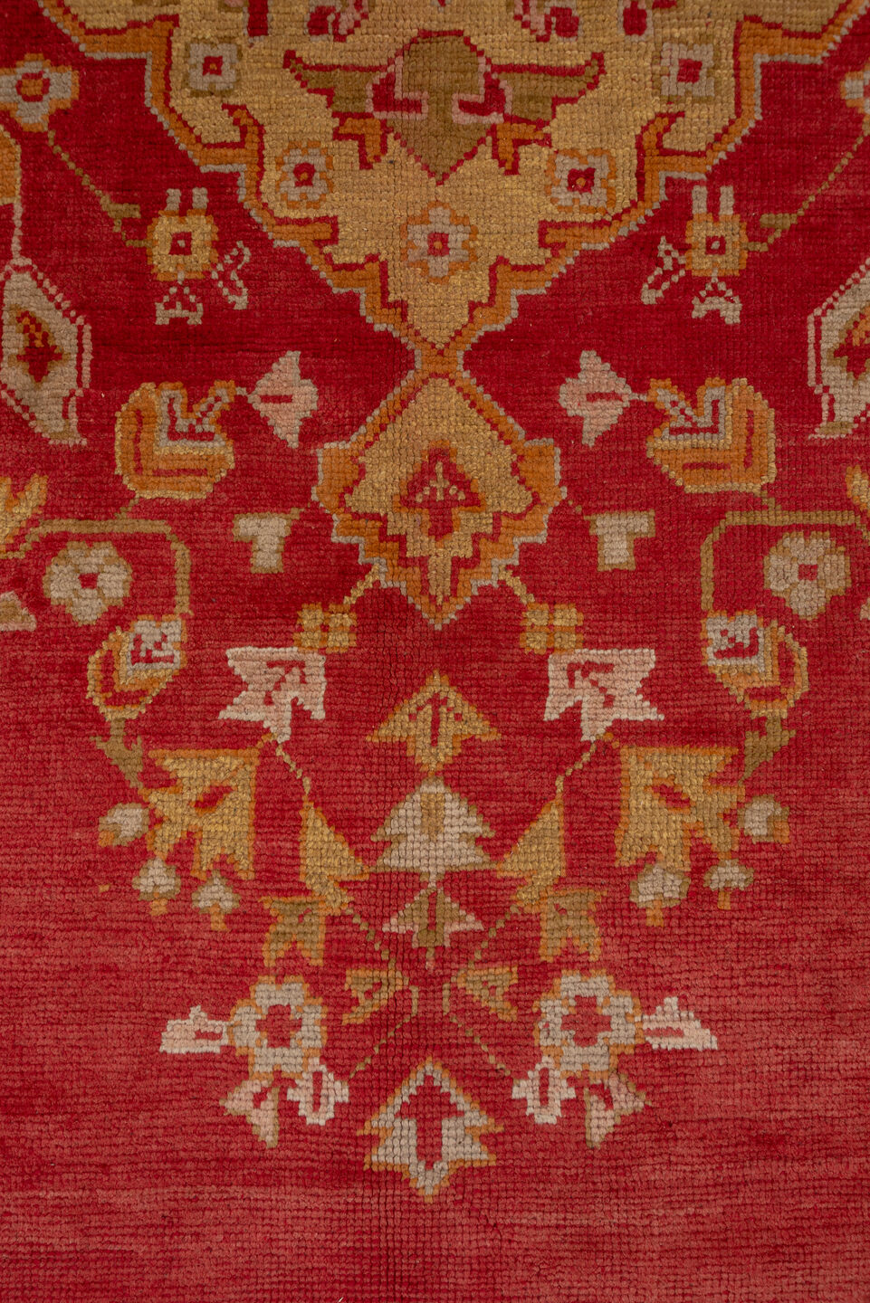 12' x 20' one-of-a-kind handmade antique Oushak oversize rug. Color palette: terra cotta, gold, rust, muted blue, ivory