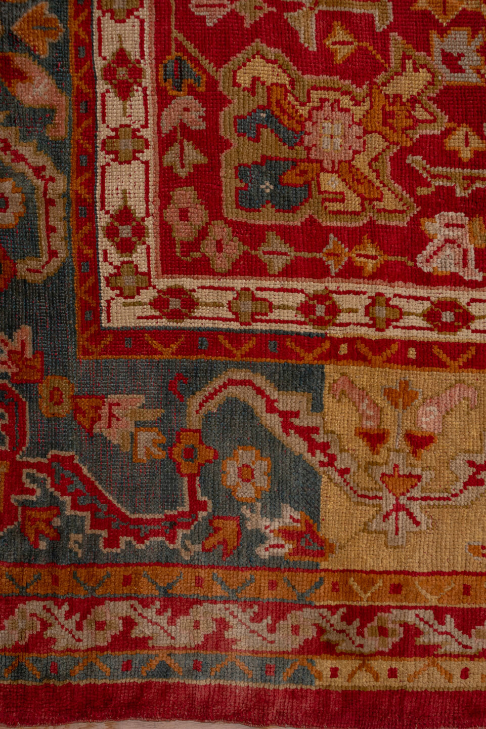 12' x 20' one-of-a-kind handmade antique Oushak oversize rug. Color palette: terra cotta, gold, rust, muted blue, ivory