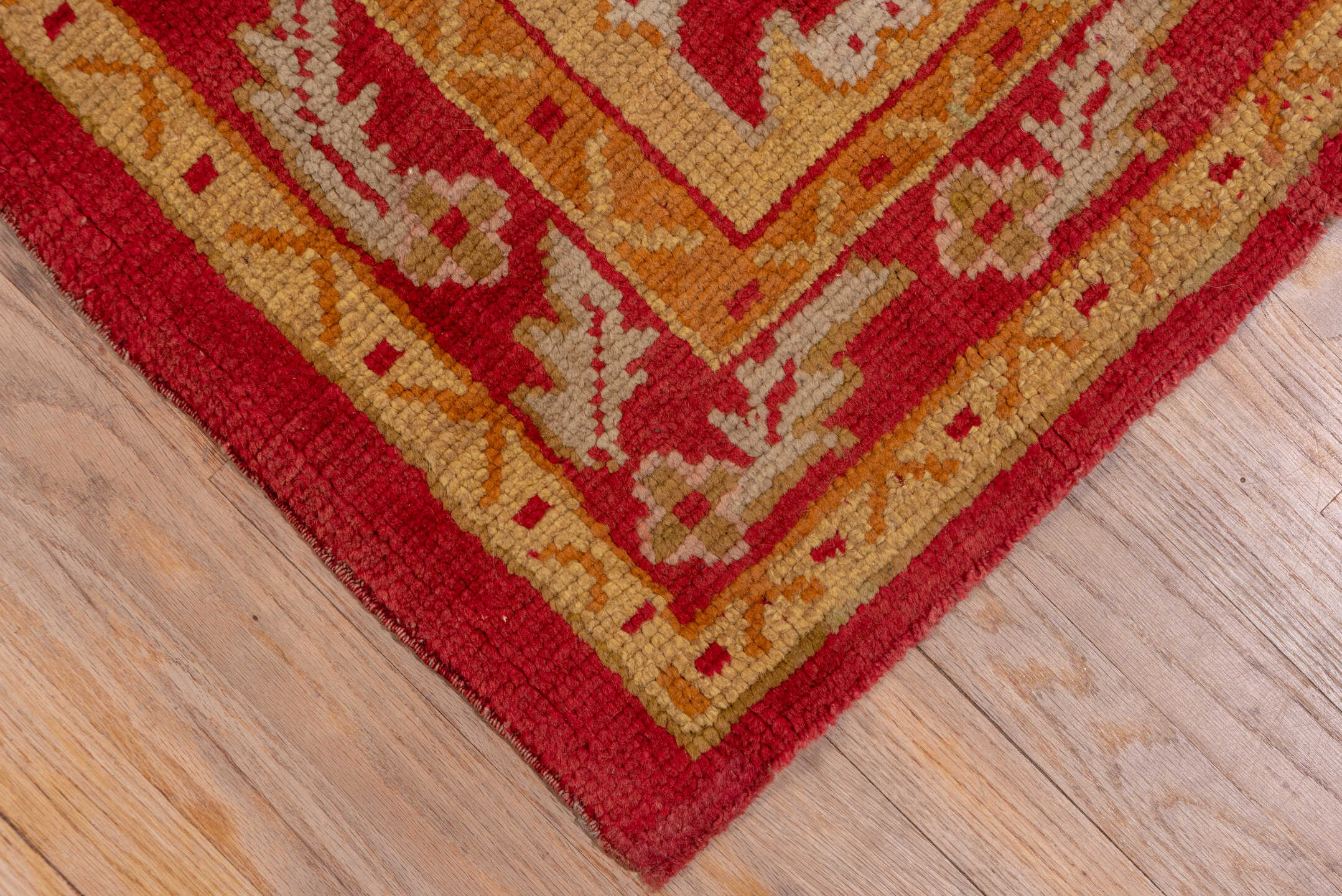 12' x 20' one-of-a-kind handmade antique Oushak oversize rug. Color palette: terra cotta, gold, rust, muted blue, ivory