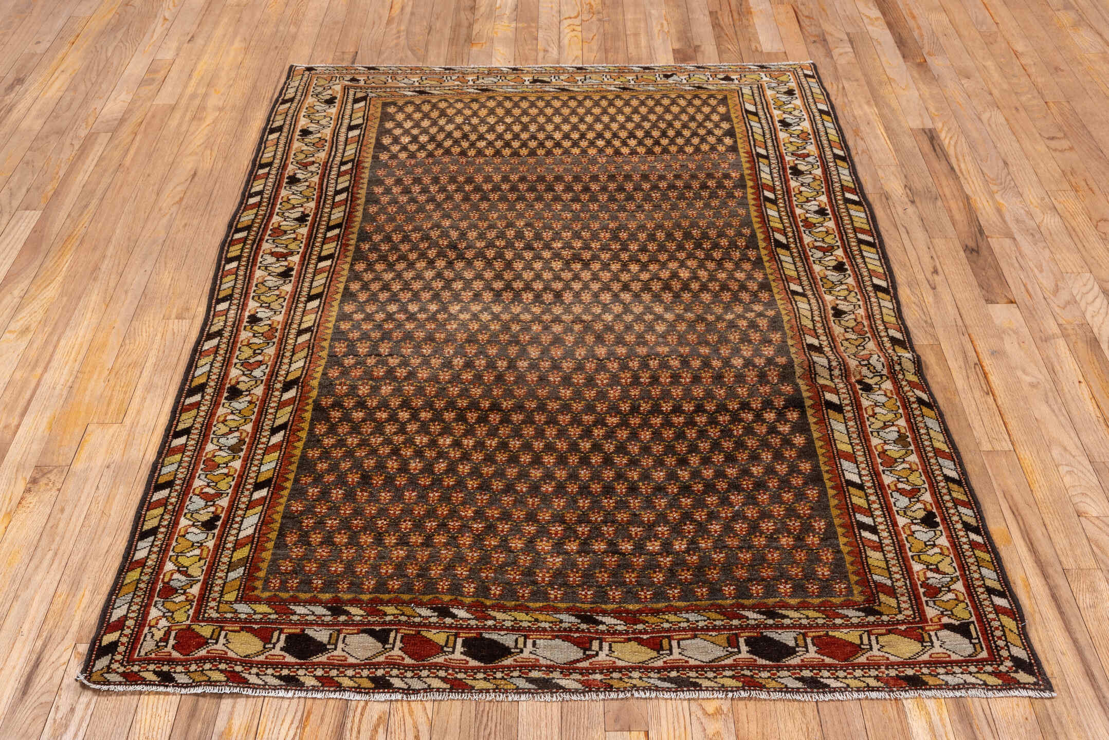 4' x 6' one-of-a-kind handmade antique Malayer small size rug. Color palette: brown, ivory, rust, gold, camel, charcoal