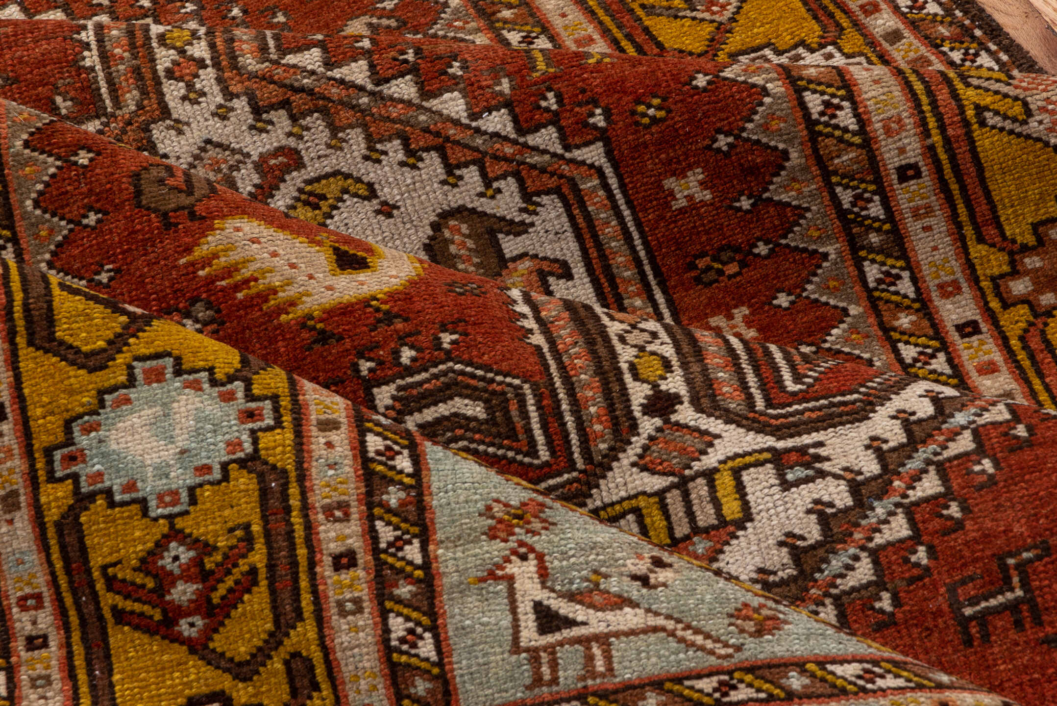 3' x 12' one-of-a-kind handmade vintage NW Persian runner rug. Color palette: brown, gray, pink, yellow