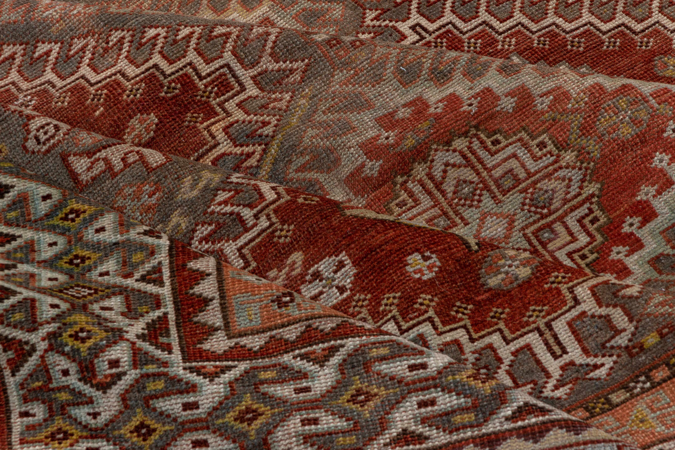 6' x 12' one-of-a-kind handmade antique Shiraz large size rug. Color palette: rust, blue_gray, ivory, taupe, terra_cotta