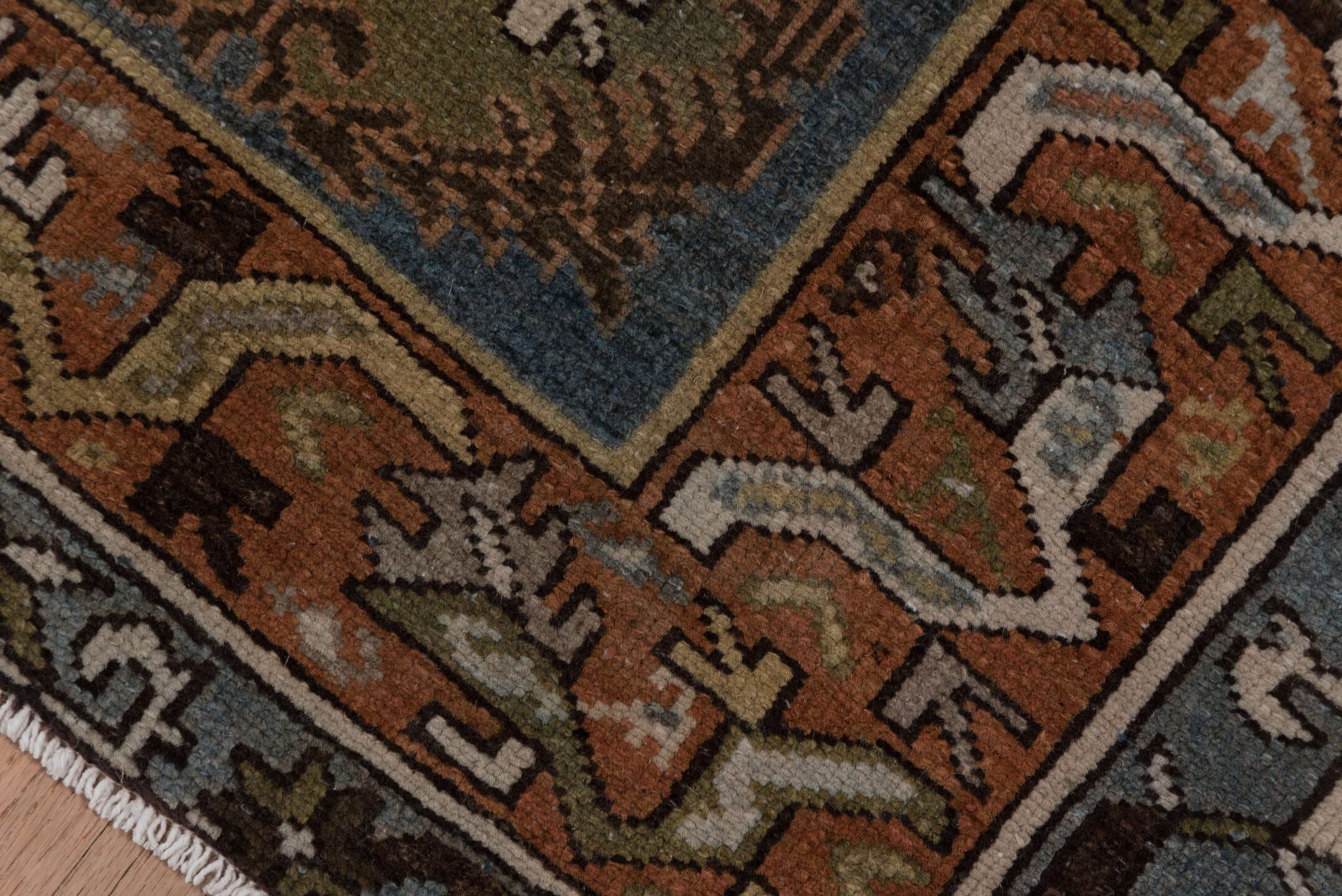 4' x 6' one-of-a-kind handmade antique Baktiary rug. Color palette: sky blue, rust, ivory, brown, camel, slate, taupe, olive