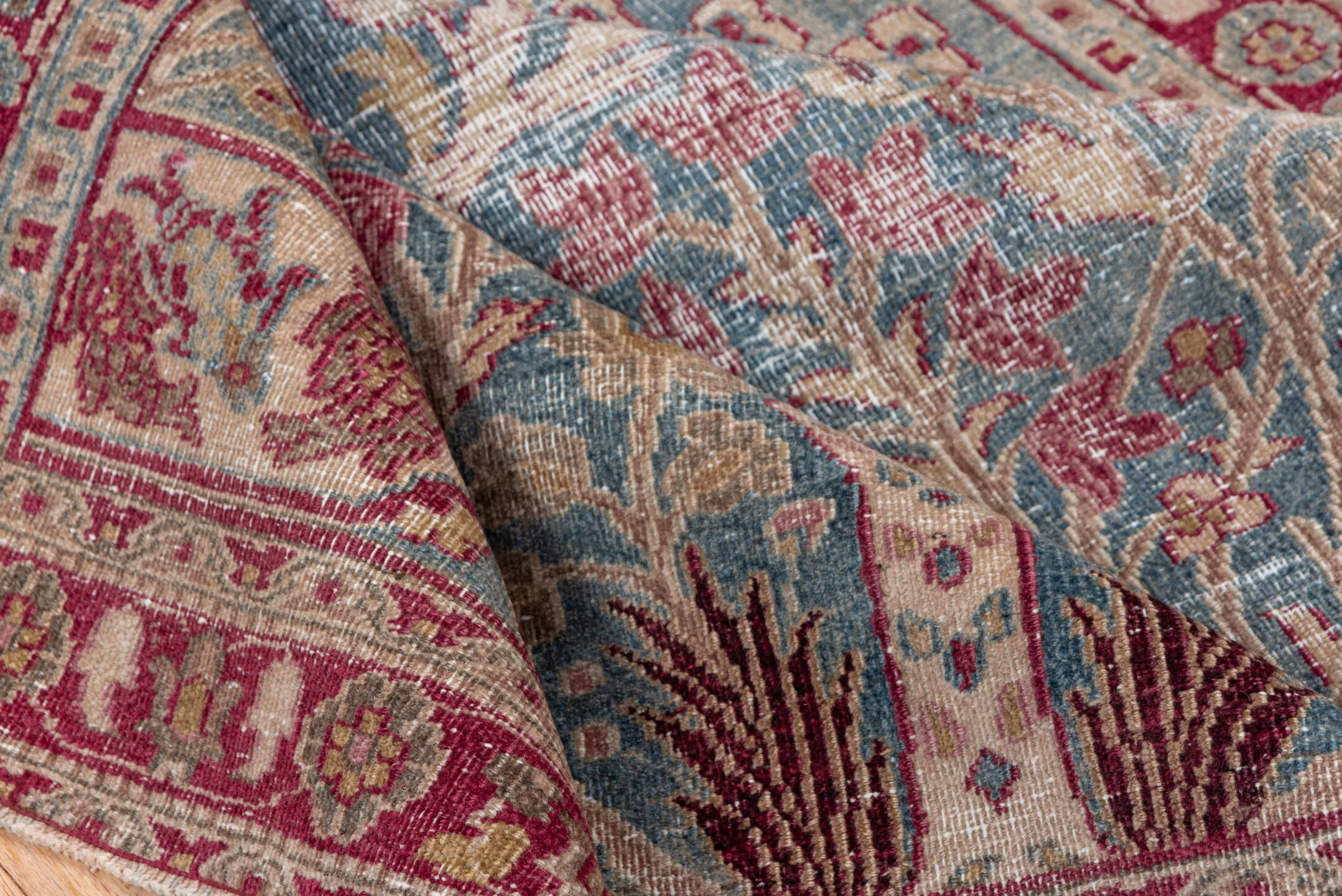 4' x 6' one-of-a-kind handmade antique Khorassan small size rug. Color palette: blue, rose, ivory, burgundy, sage, taupe