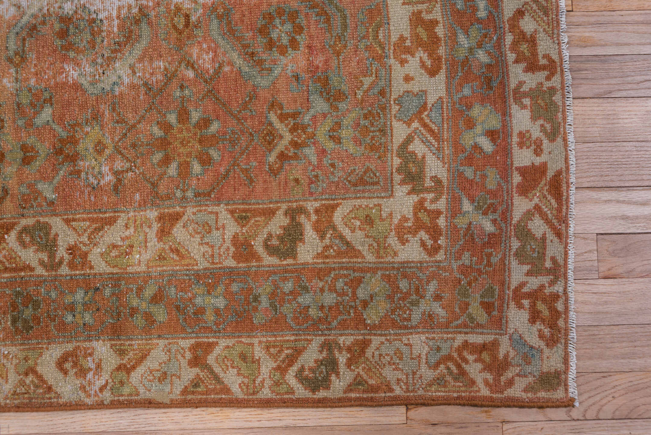 5' x 6' one-of-a-kind handmade antique Malayer rug. Color palette: terra cotta, rust, ivory, sage, camel, brown, pale blue