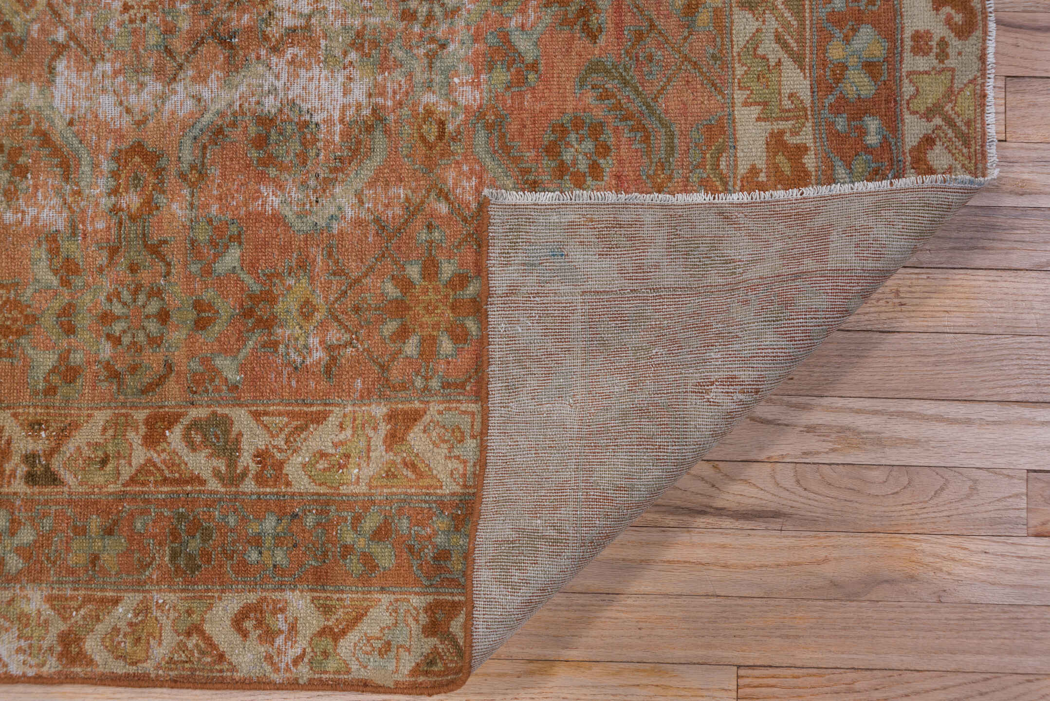 5' x 6' one-of-a-kind handmade antique Malayer rug. Color palette: terra cotta, rust, ivory, sage, camel, brown, pale blue