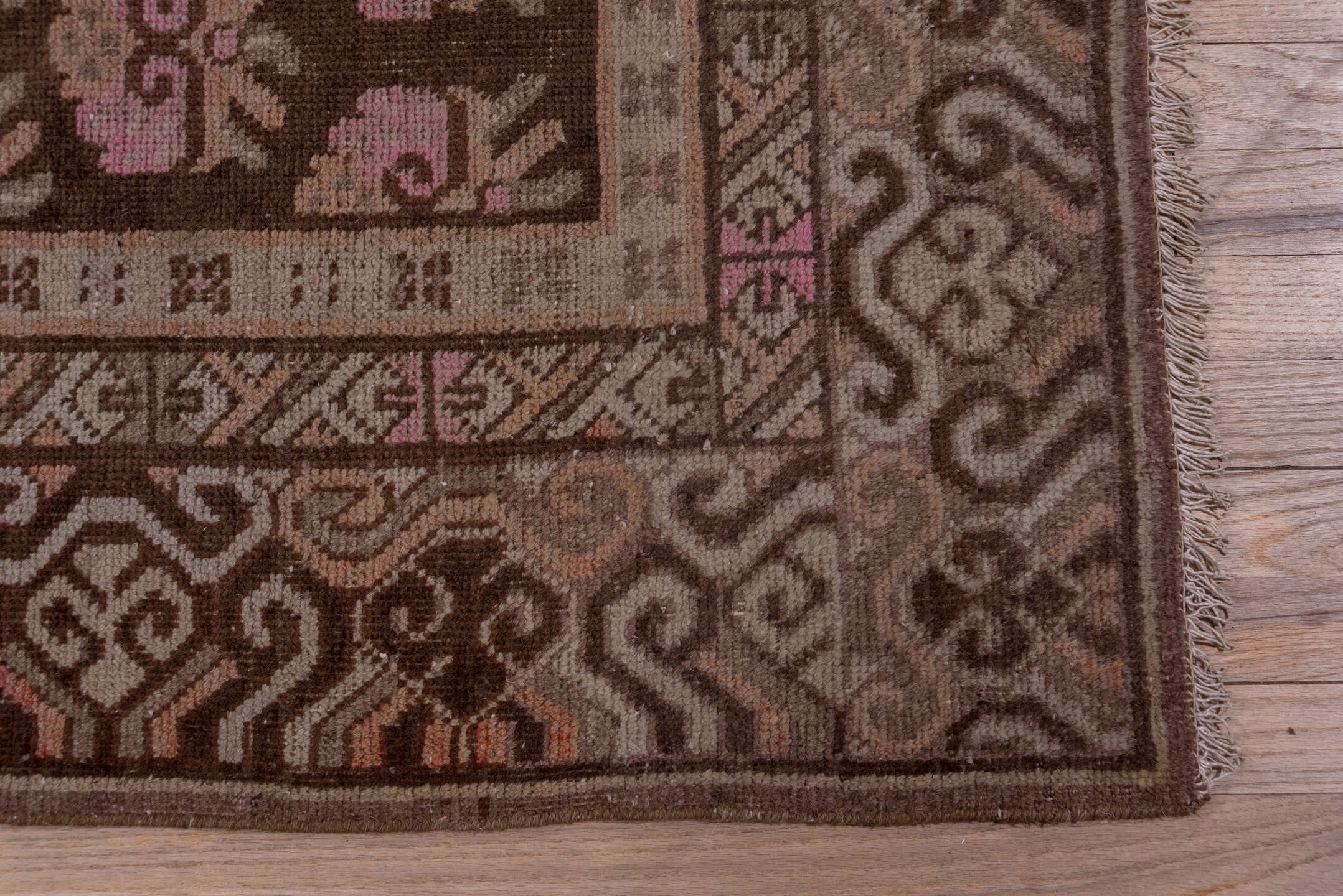 4' x 9' one-of-a-kind handmade vintage Khotan rug. Color palette: brown, rose, taupe, ivory, dusty pink, charcoal, camel