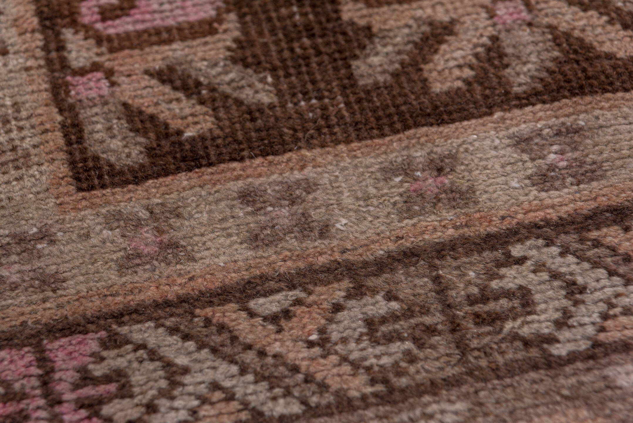 4' x 9' one-of-a-kind handmade vintage Khotan rug. Color palette: brown, rose, taupe, ivory, dusty pink, charcoal, camel