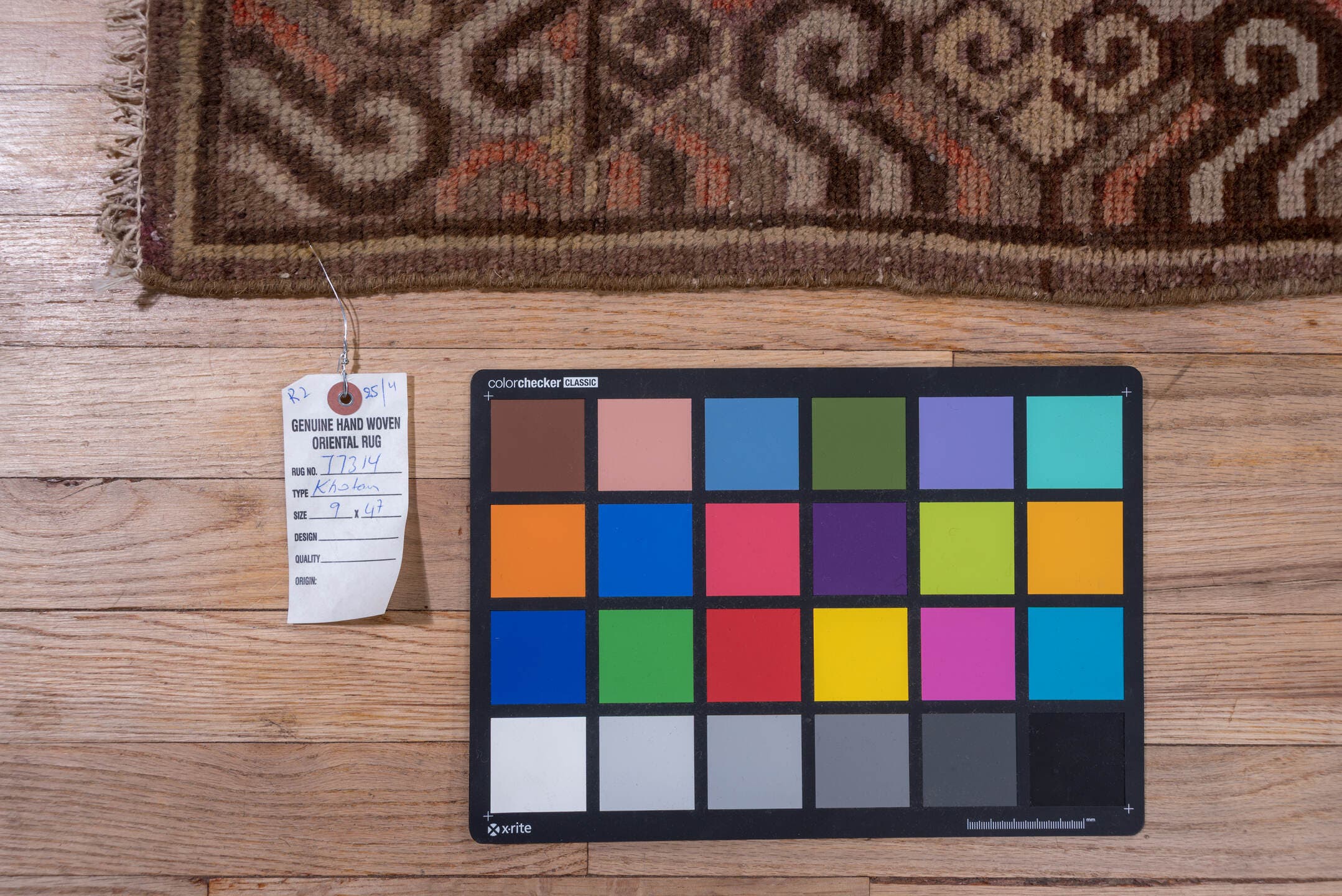 4' x 9' one-of-a-kind handmade vintage Khotan rug. Color palette: brown, rose, taupe, ivory, dusty pink, charcoal, camel