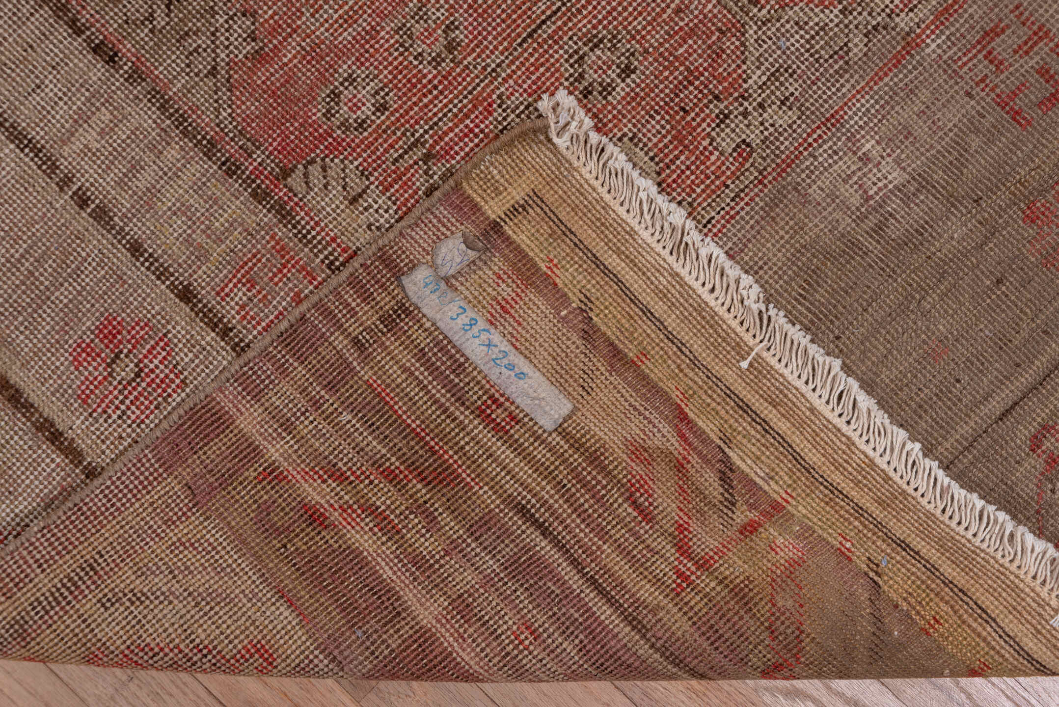 6' x 12' one-of-a-kind handmade antique Khotan large size rug. Color palette: taupe, coral, rose, camel, brown, charcoal