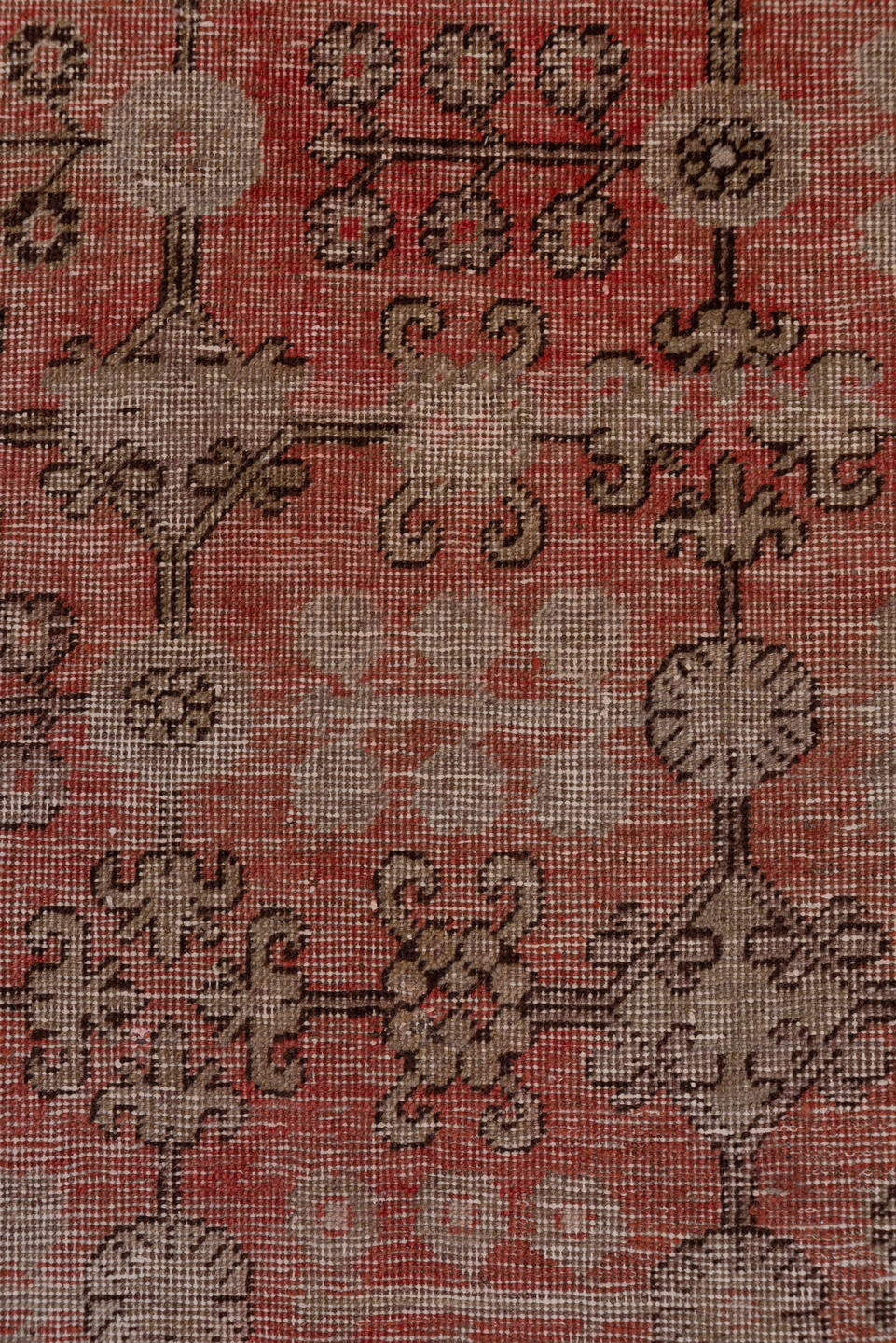 6' x 12' one-of-a-kind handmade antique Khotan large size rug. Color palette: taupe, coral, rose, camel, brown, charcoal