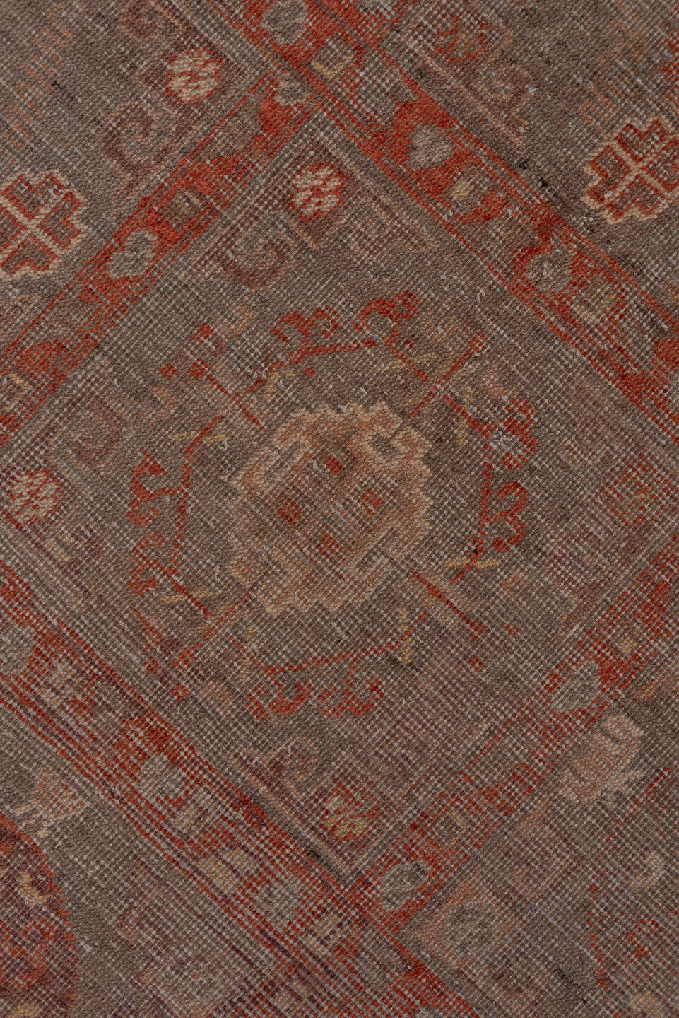 6' x 12' one-of-a-kind handmade antique Khotan large size rug. Color palette: taupe, rust, terra cotta, rose, brown, ivory