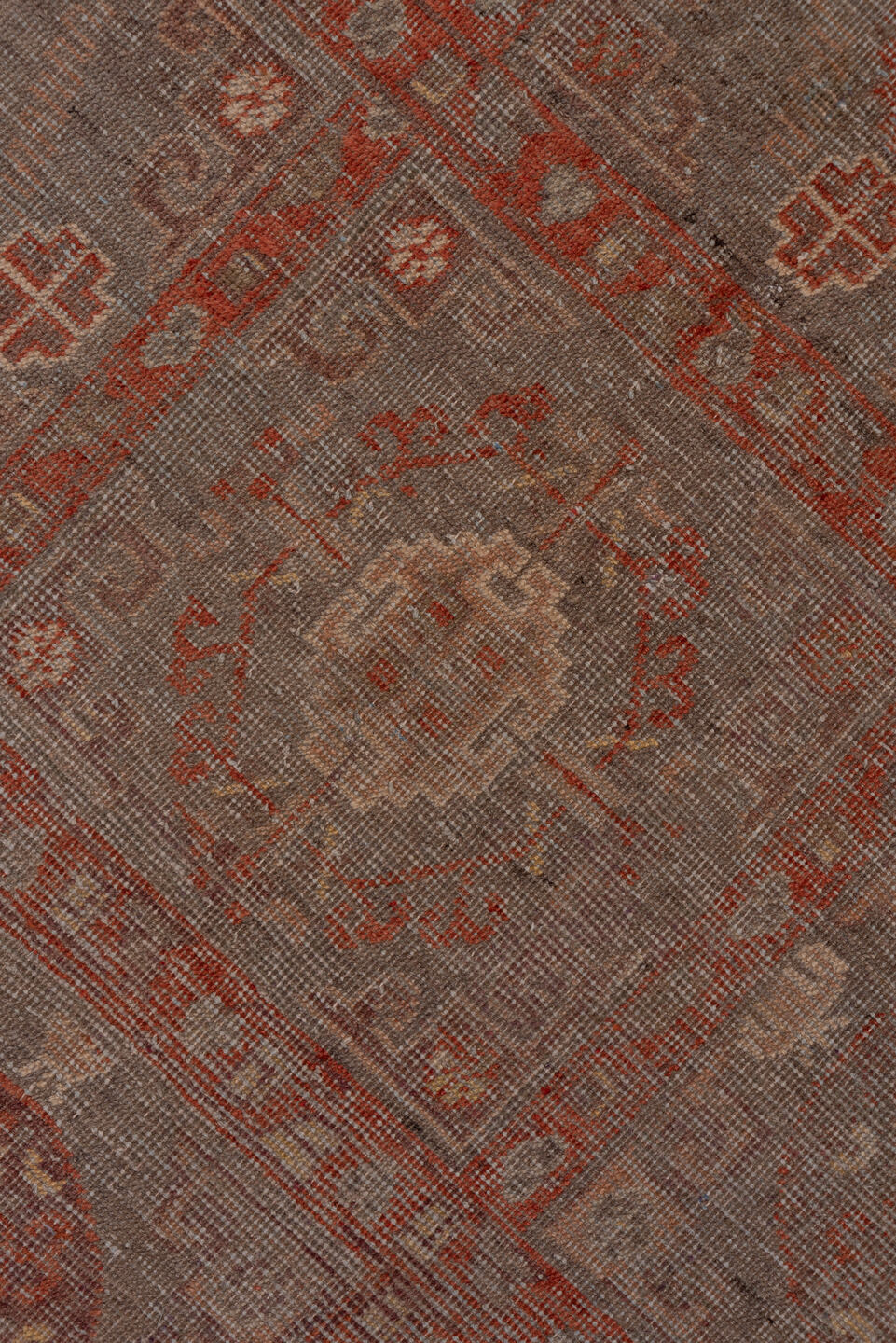 6' x 12' one-of-a-kind handmade vintage Khotan large size rug. Color palette: brown, gray, pink, red