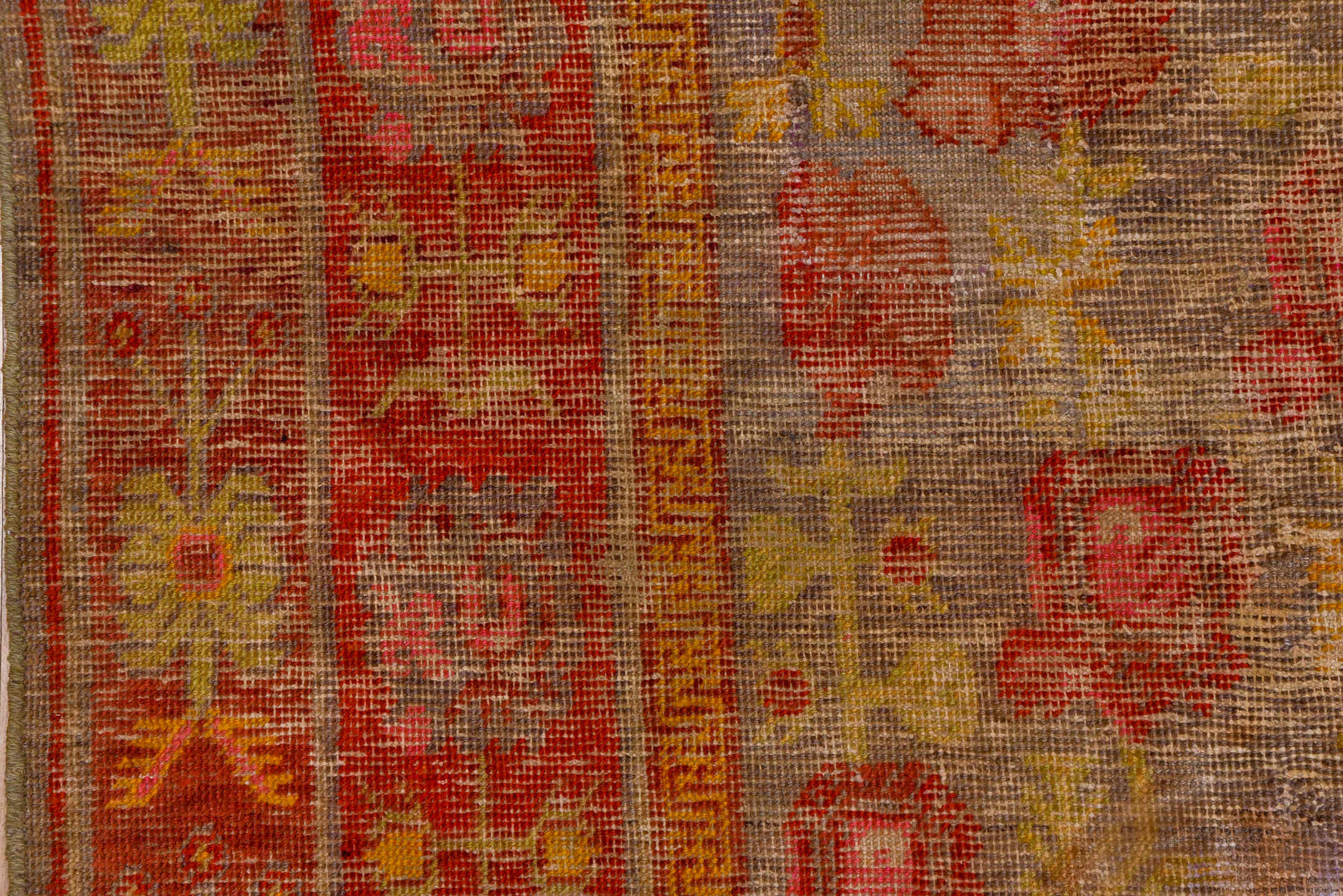 6' x 12' one-of-a-kind handmade antique Khotan large size rug. Color palette: taupe, rust, coral, terracotta, gold, rose
