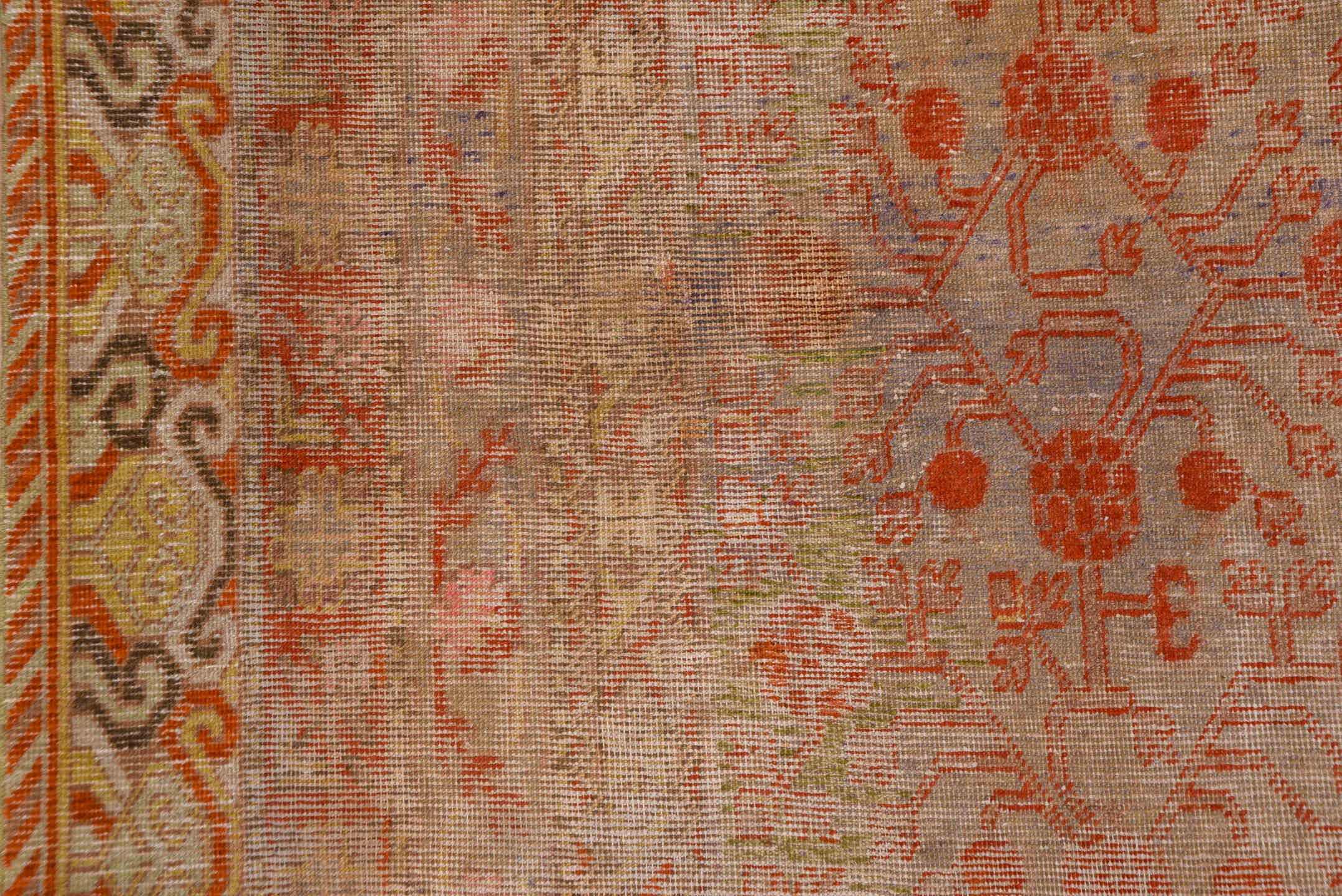 8' x 15' one-of-a-kind handmade vintage Khotan rug. Color palette: brown, pink, red