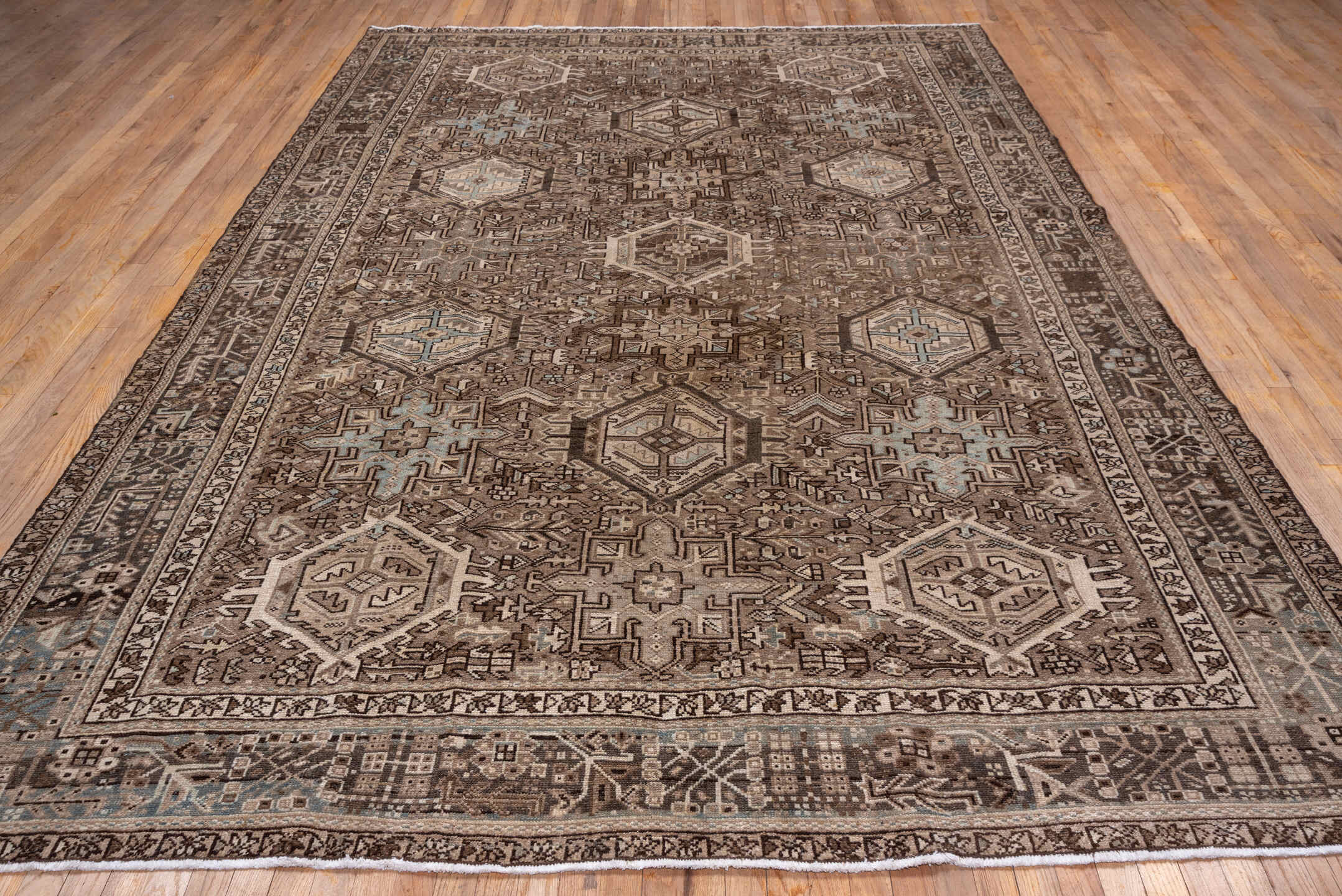 8' x 11' one-of-a-kind handmade vintage Karaje large size rug. Color palette: brown, dark gray, gray, light gray, pink