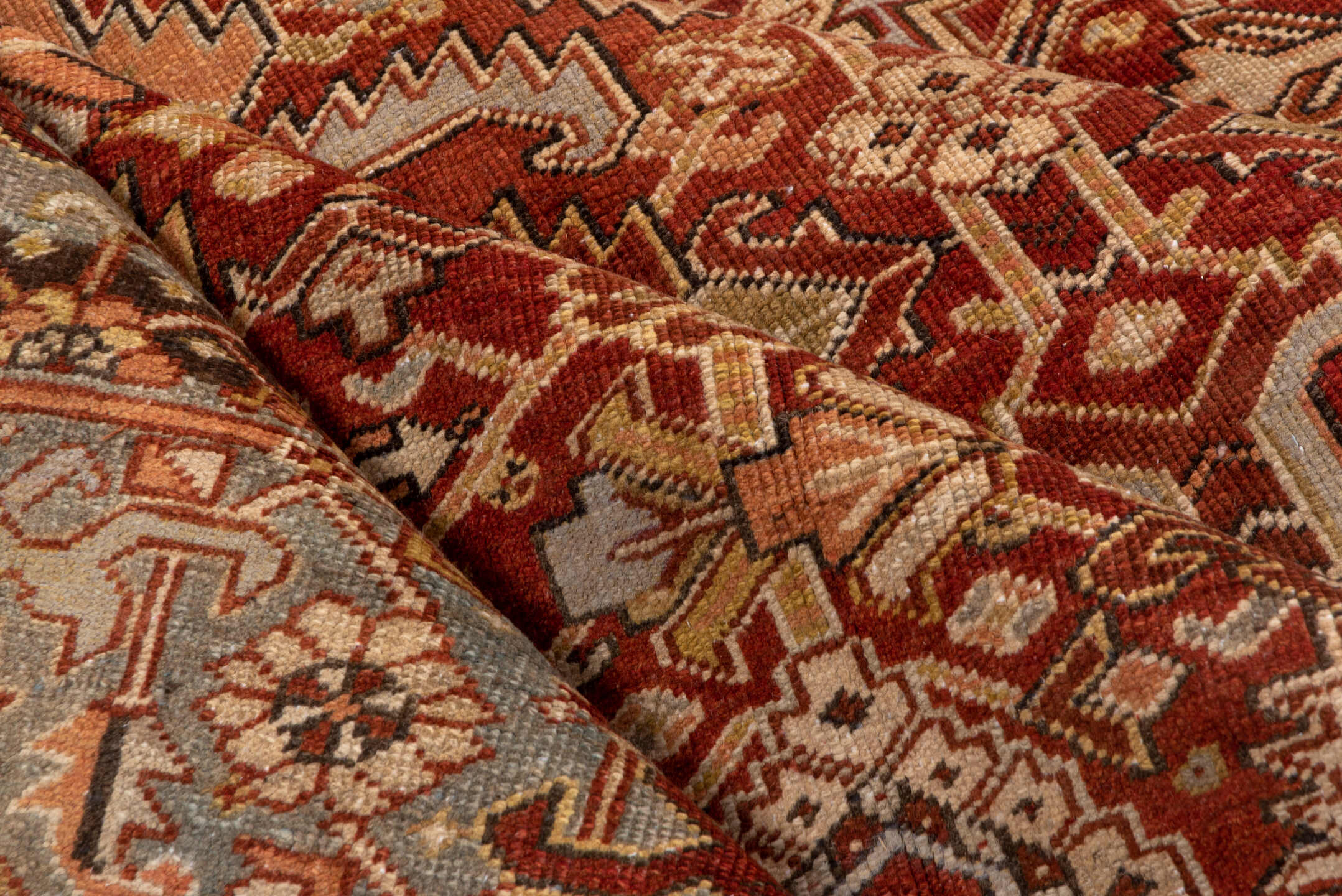 8' x 10' one-of-a-kind handmade antique Heriz large size rug. Color palette: rust, sky blue, ivory, terra cotta, camel