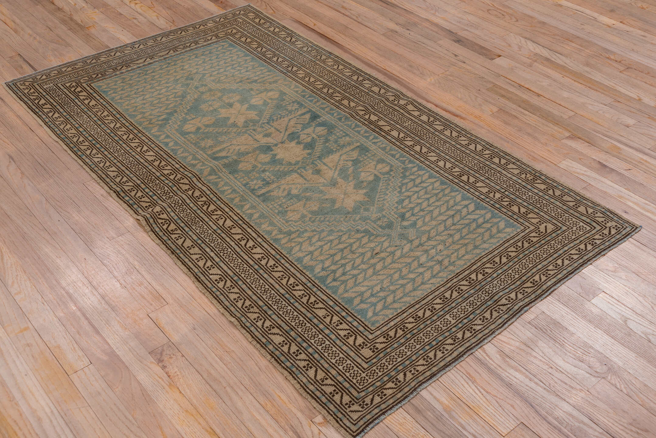 3' x 6' one-of-a-kind handmade vintage Anatol small size rug. Color palette: black, brown, gray