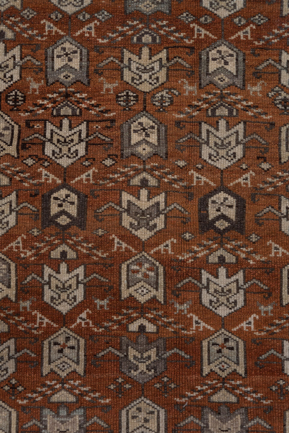 3' x 6' one-of-a-kind handmade antique Malayer small size rug. Color palette: rust, ivory, brown, taupe, charcoal