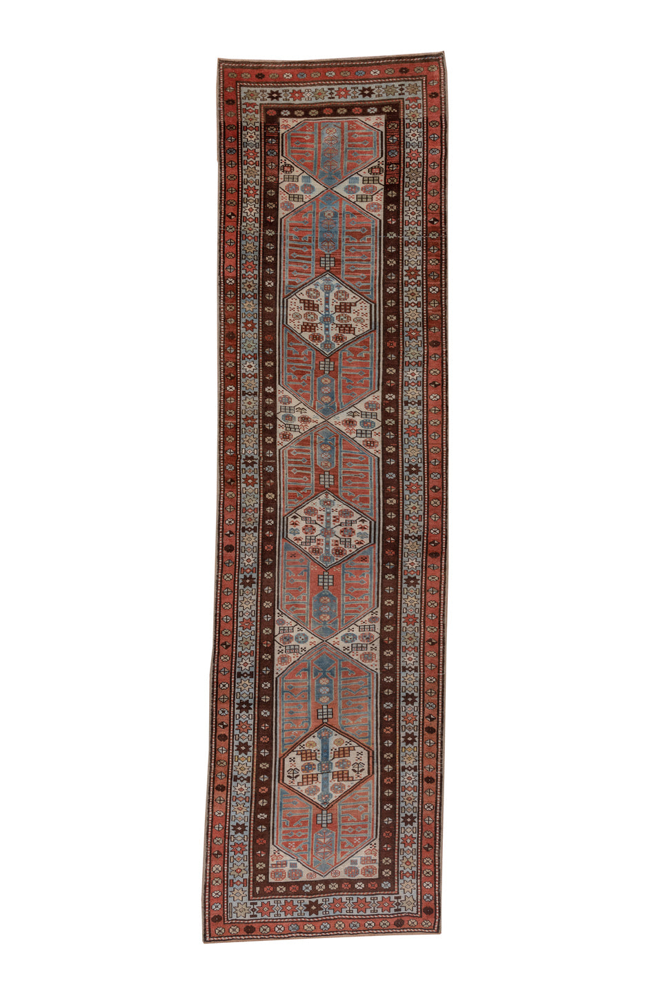 3' x 13' one-of-a-kind handmade vintage Sarab runner rug. Color palette: blue, brown, dark gray, dim gray, gray, light gray