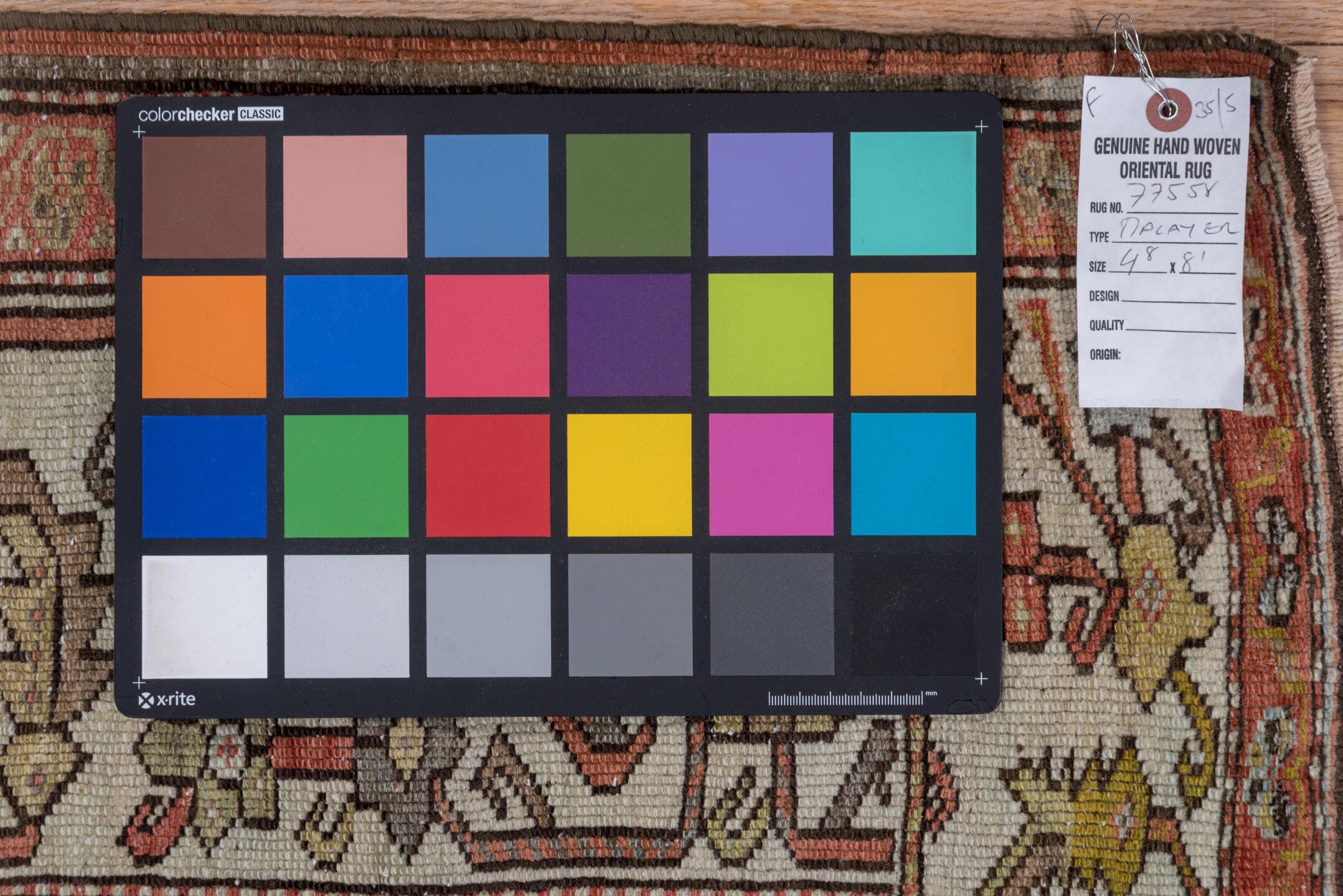 4' x 8' one-of-a-kind handmade antique Malayer rug. Color palette: brown, ivory, rust, camel, sage, soft blue, terracotta
