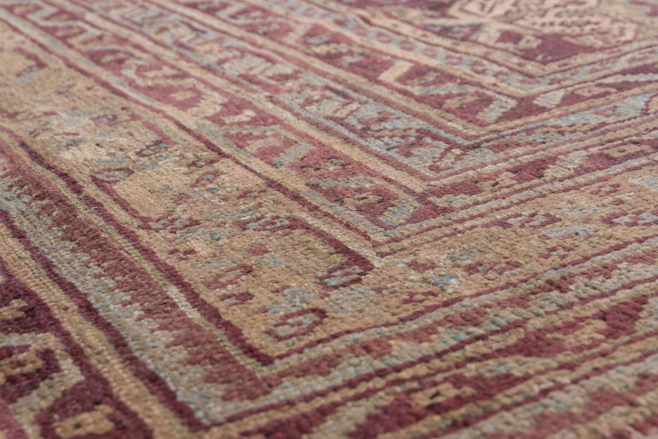 14' x 14' one-of-a-kind handmade antique Oushak oversize rug. Color palette: burgundy, ivory, taupe, sage, rose, gold
