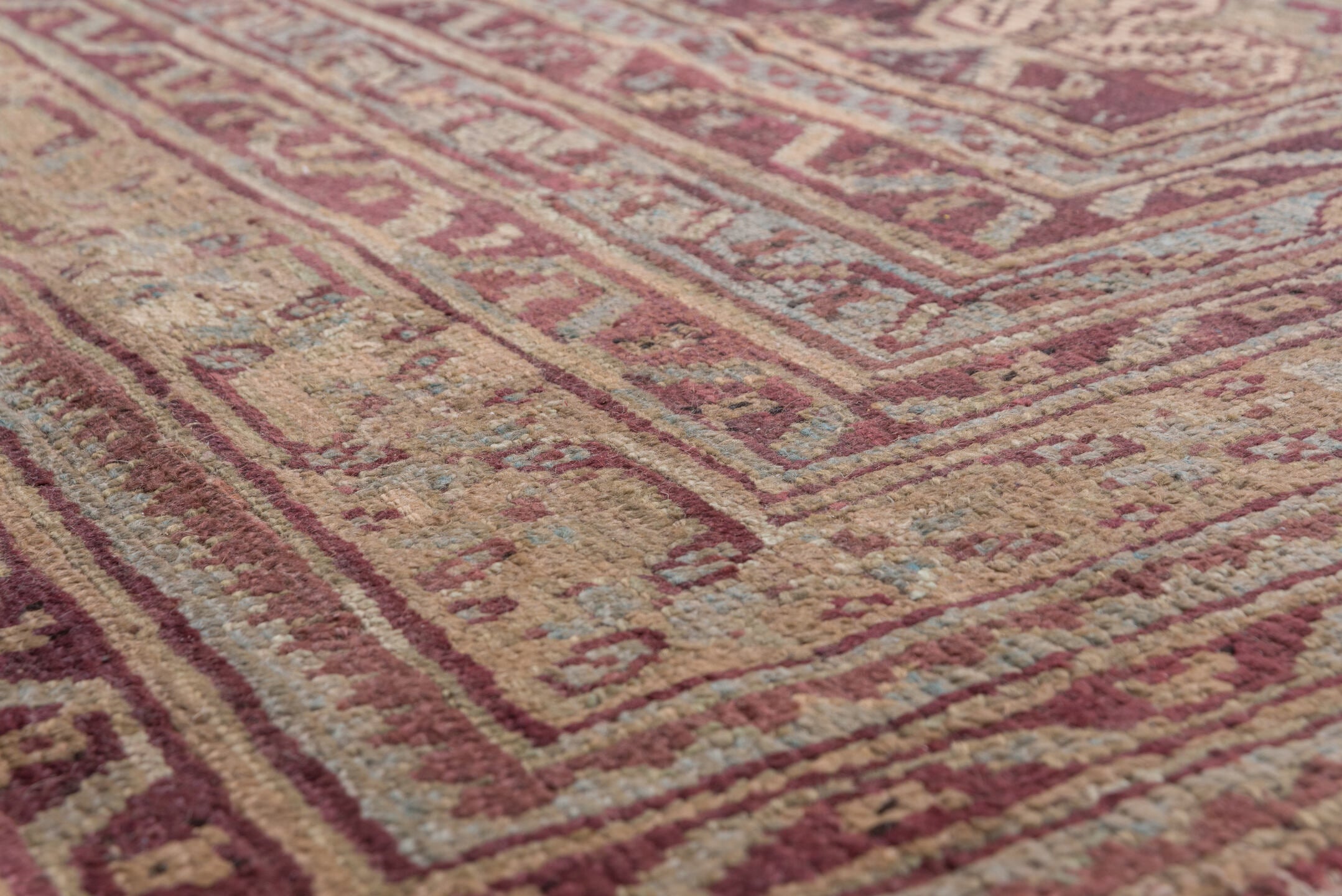 14' x 14' one-of-a-kind handmade antique Oushak oversize rug. Color palette: burgundy, ivory, taupe, sage, rose, gold