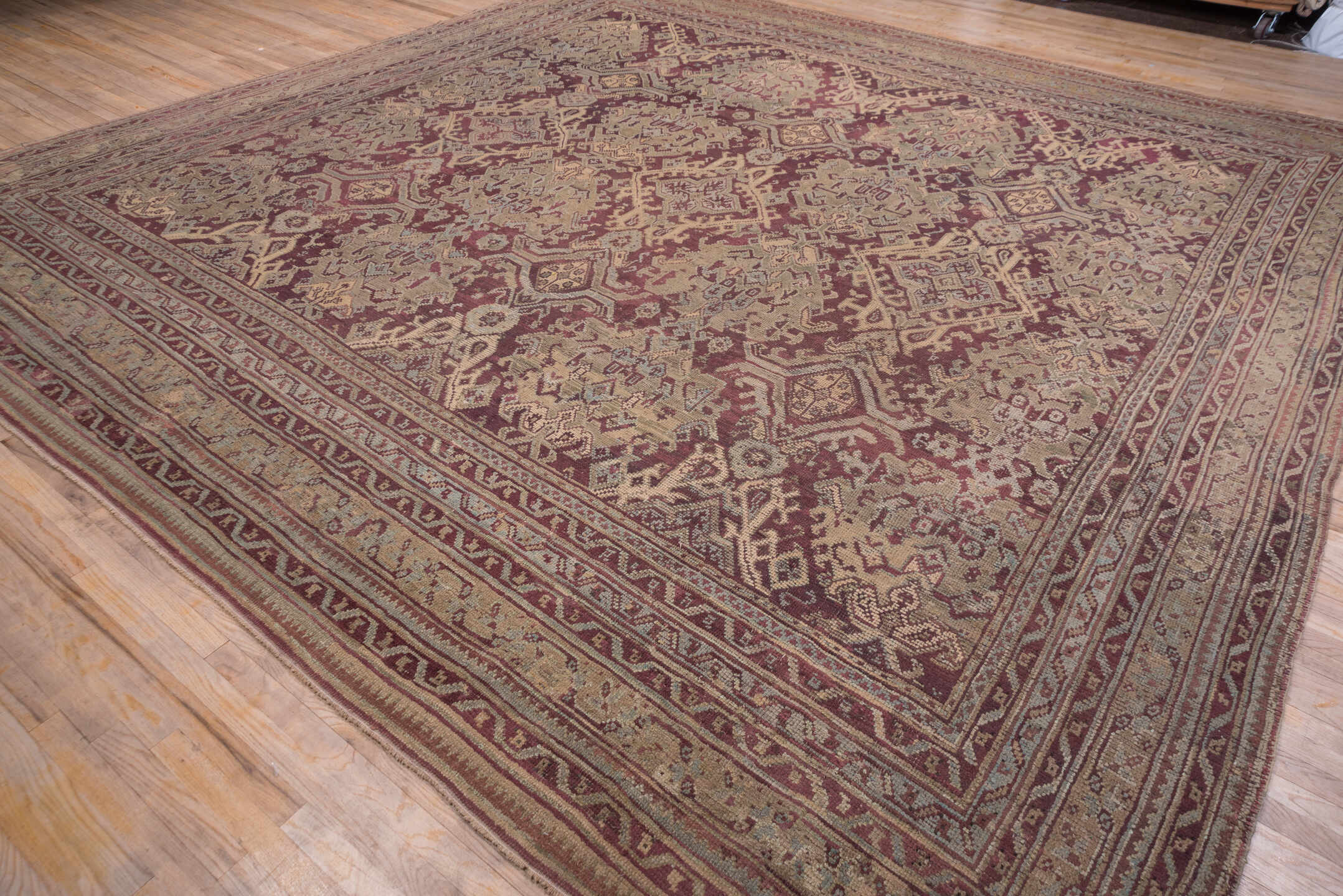 14' x 14' one-of-a-kind handmade antique Oushak oversize rug. Color palette: burgundy, ivory, taupe, sage, rose, gold