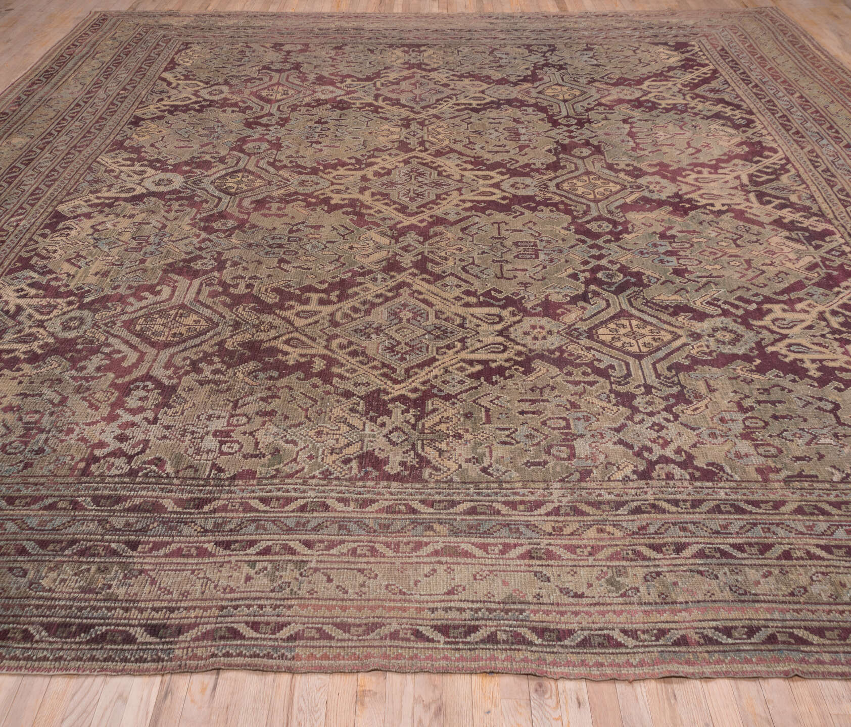 14' x 14' one-of-a-kind handmade antique Oushak oversize rug. Color palette: burgundy, ivory, taupe, sage, muted gold, rose