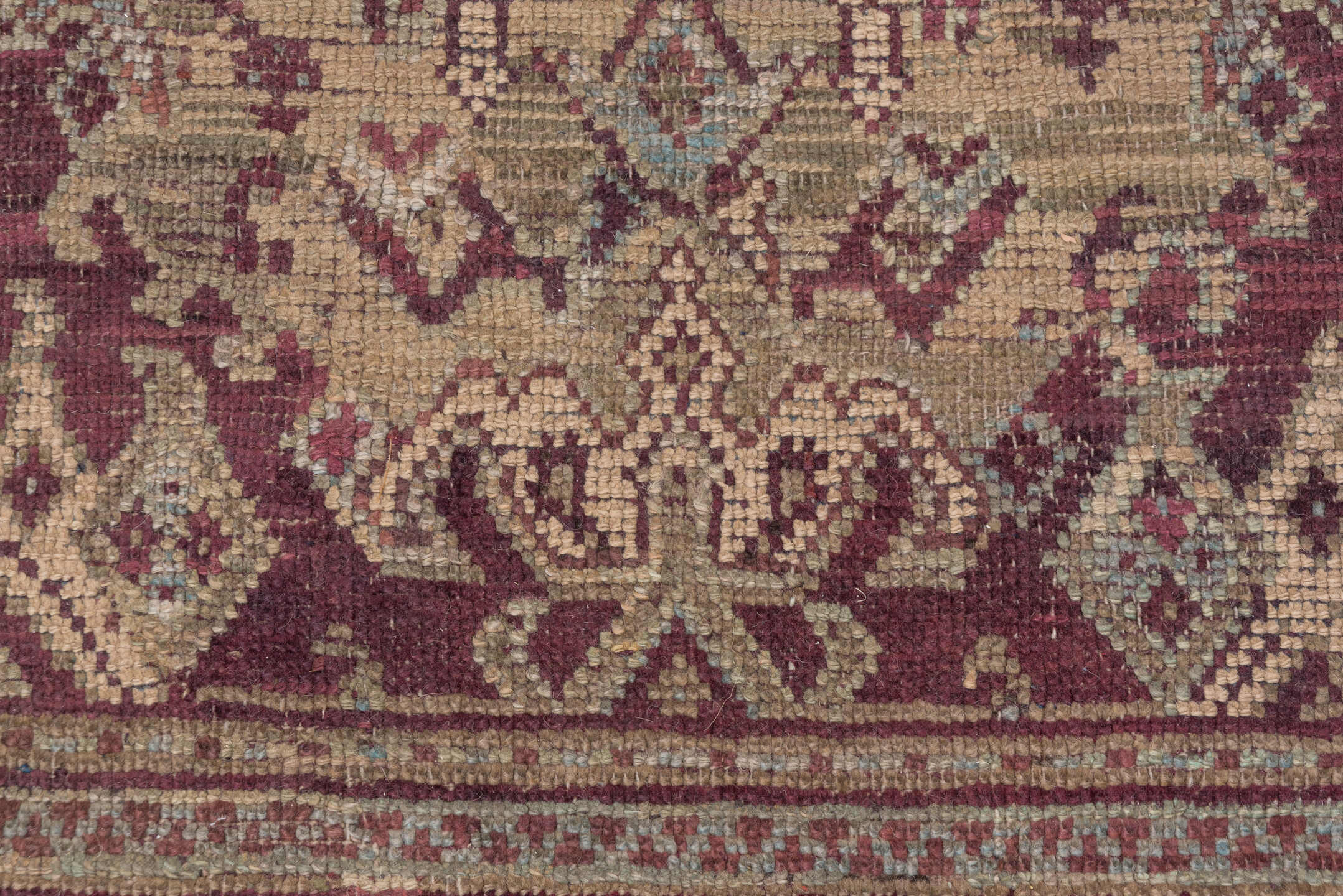 14' x 14' one-of-a-kind handmade antique Oushak oversize rug. Color palette: burgundy, ivory, taupe, sage, rose, gold