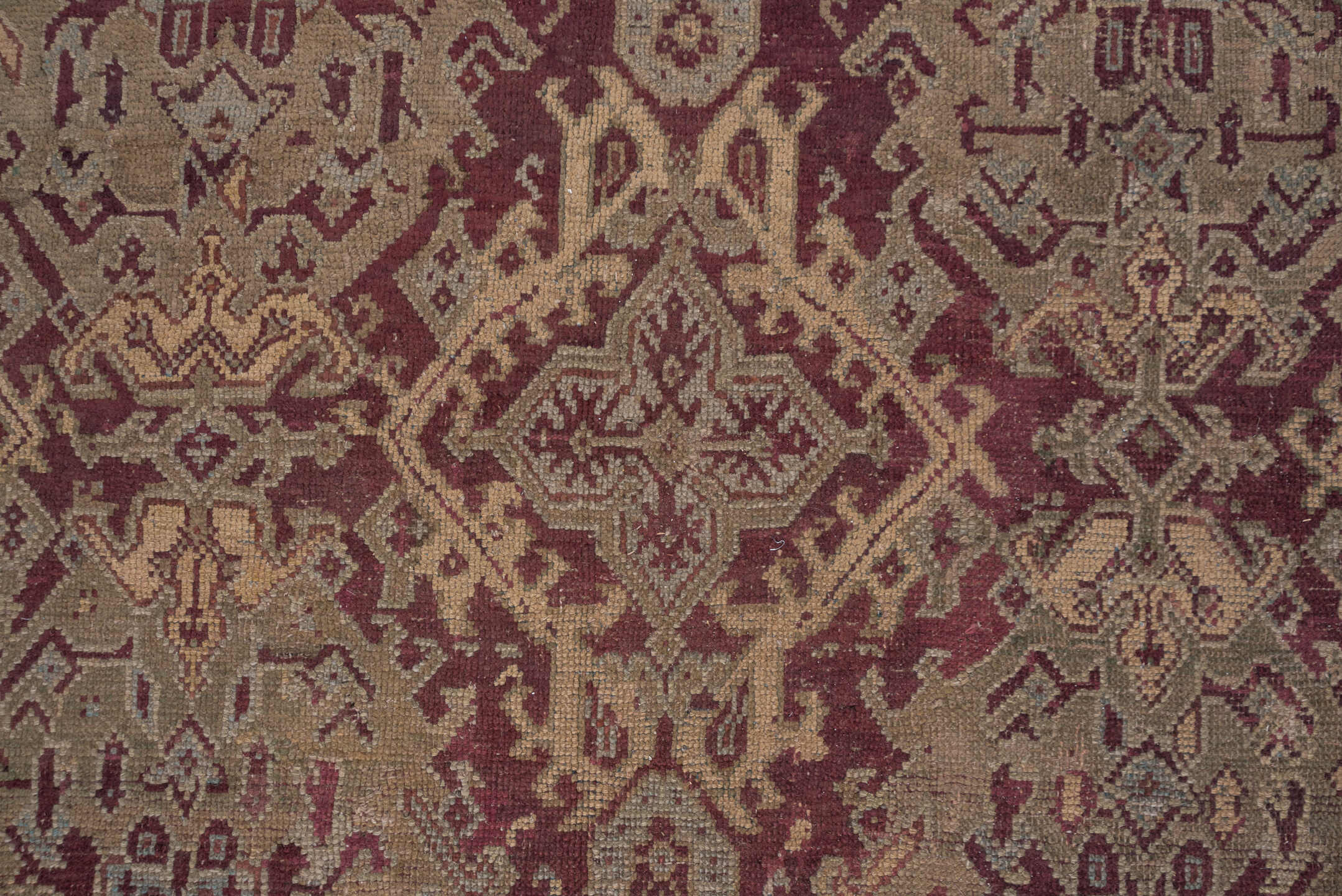 14' x 14' one-of-a-kind handmade antique Oushak oversize rug. Color palette: burgundy, ivory, taupe, sage, rose, gold