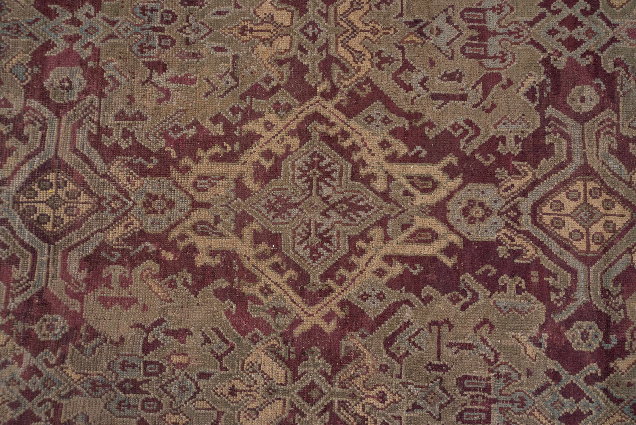 14' x 14' one-of-a-kind handmade antique Oushak oversize rug. Color palette: burgundy, ivory, taupe, sage, rose, gold
