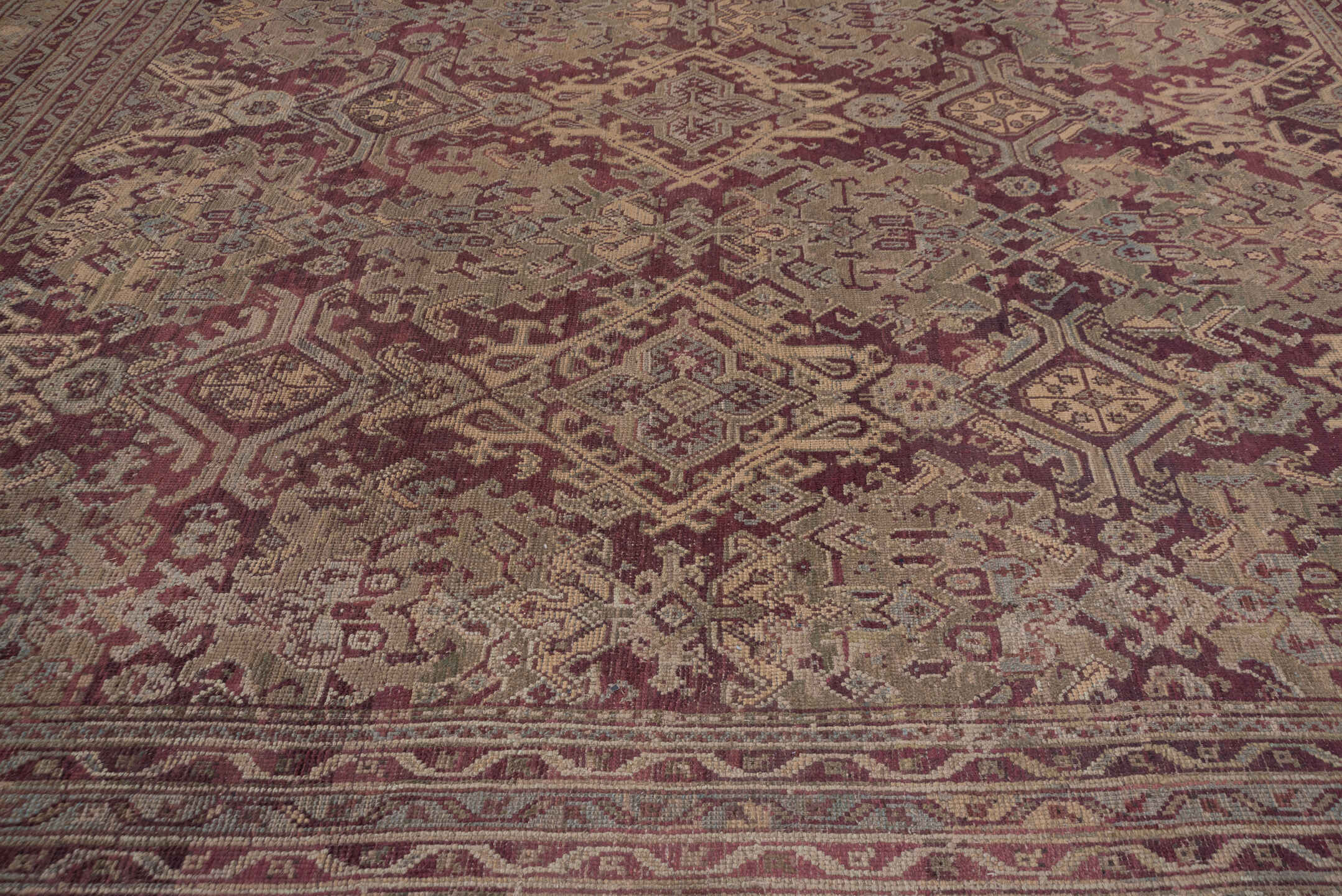 14' x 14' one-of-a-kind handmade antique Oushak oversize rug. Color palette: burgundy, ivory, taupe, sage, rose, gold