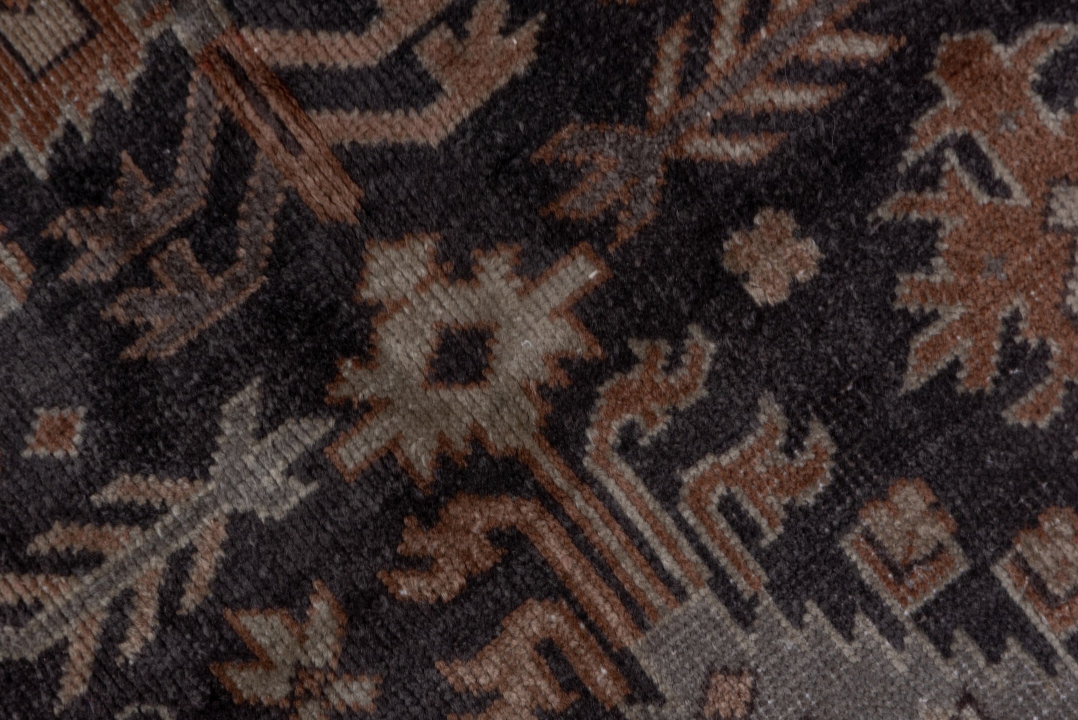 5' x 12' one-of-a-kind handmade antique Sparta rug. Color palette: charcoal, rust, ivory, taupe, slate, brown, gray, black