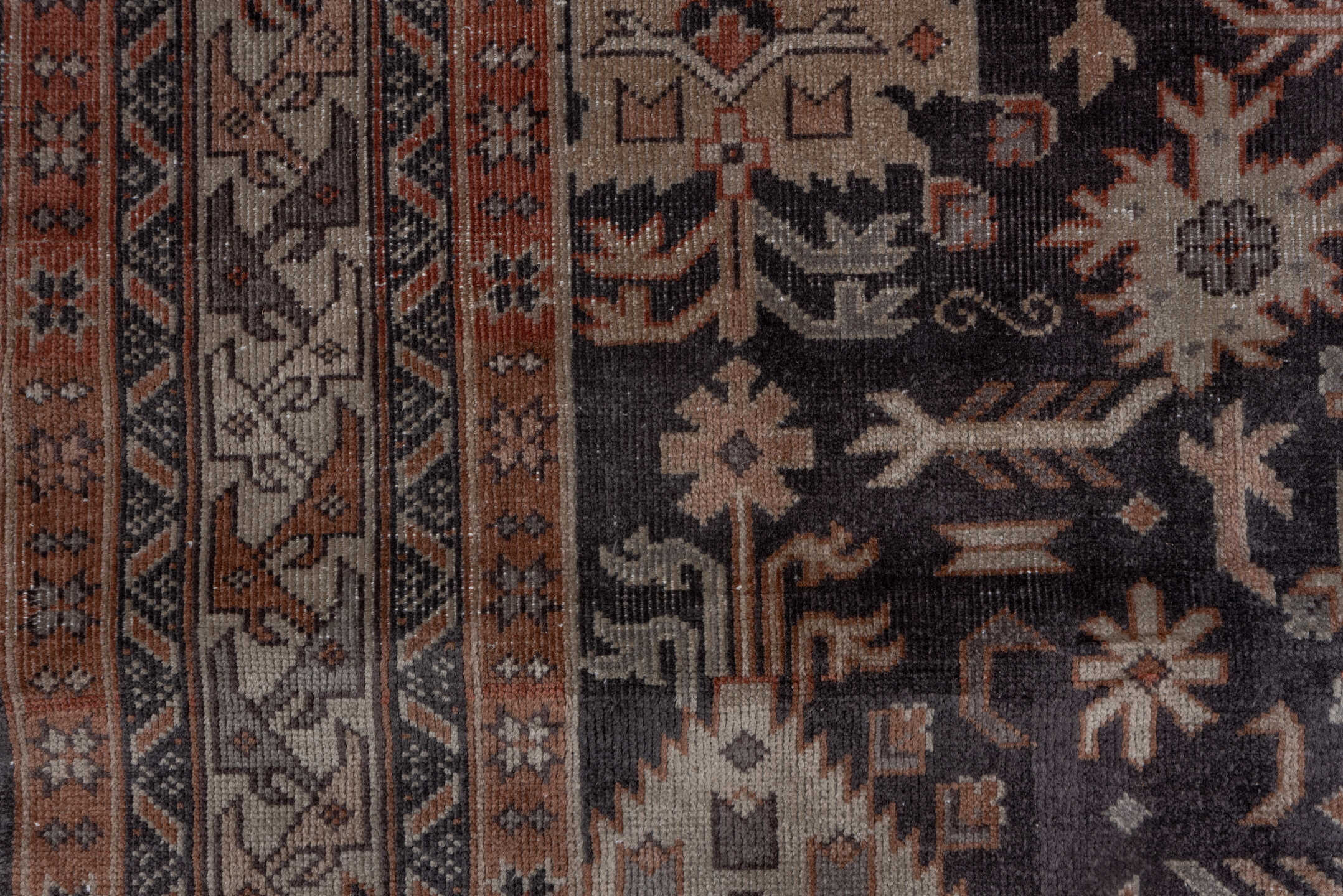 5' x 12' one-of-a-kind handmade vintage Sparta rug. Color palette: black, brown, charcoal, dim gray, gray, red, redwood