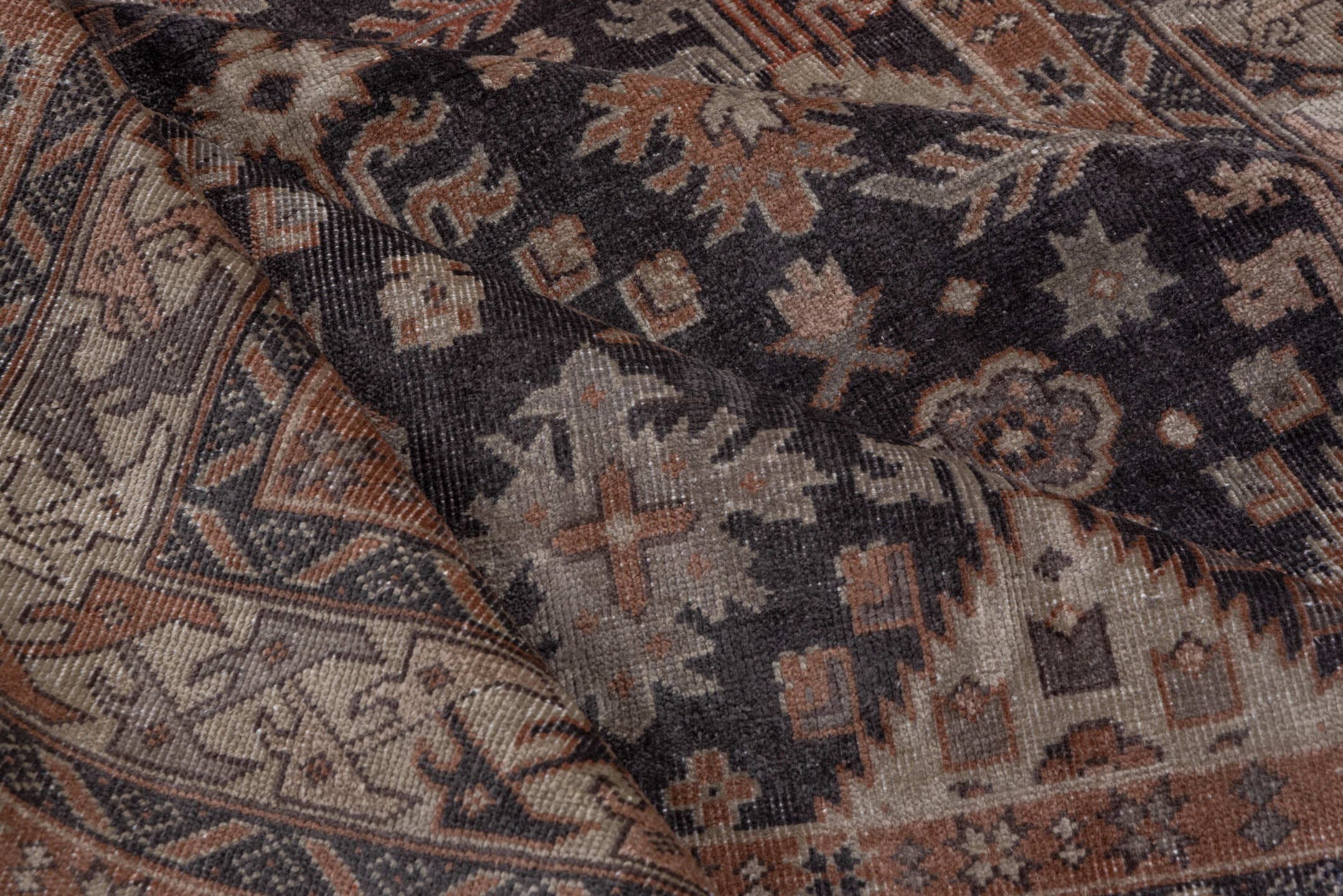 5' x 12' one-of-a-kind handmade antique Sparta rug. Color palette: charcoal, rust, ivory, taupe, slate, brown, gray, black