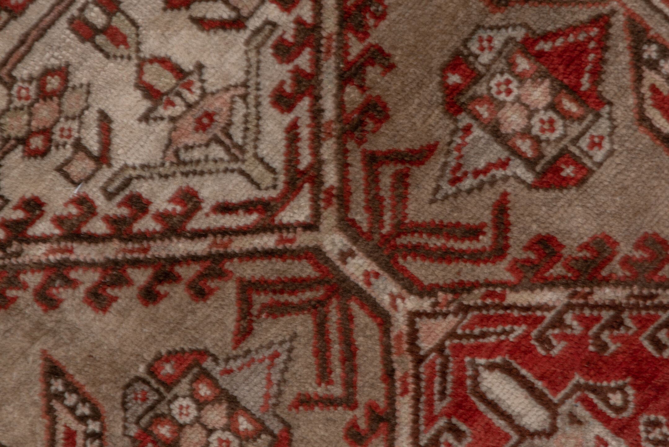 3' x 16' one-of-a-kind handmade antique Sarab runner rug. Color palette: ivory, rust, brown, camel, taupe, brick, charcoal