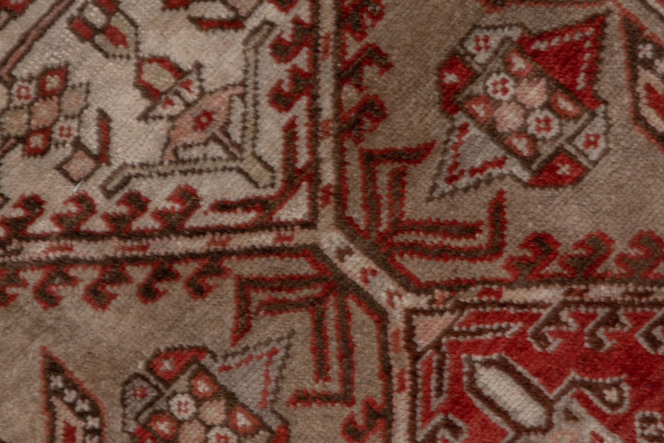 3' x 16' one-of-a-kind handmade antique Sarab runner rug. Color palette: ivory, rust, brown, camel, taupe, brick, charcoal