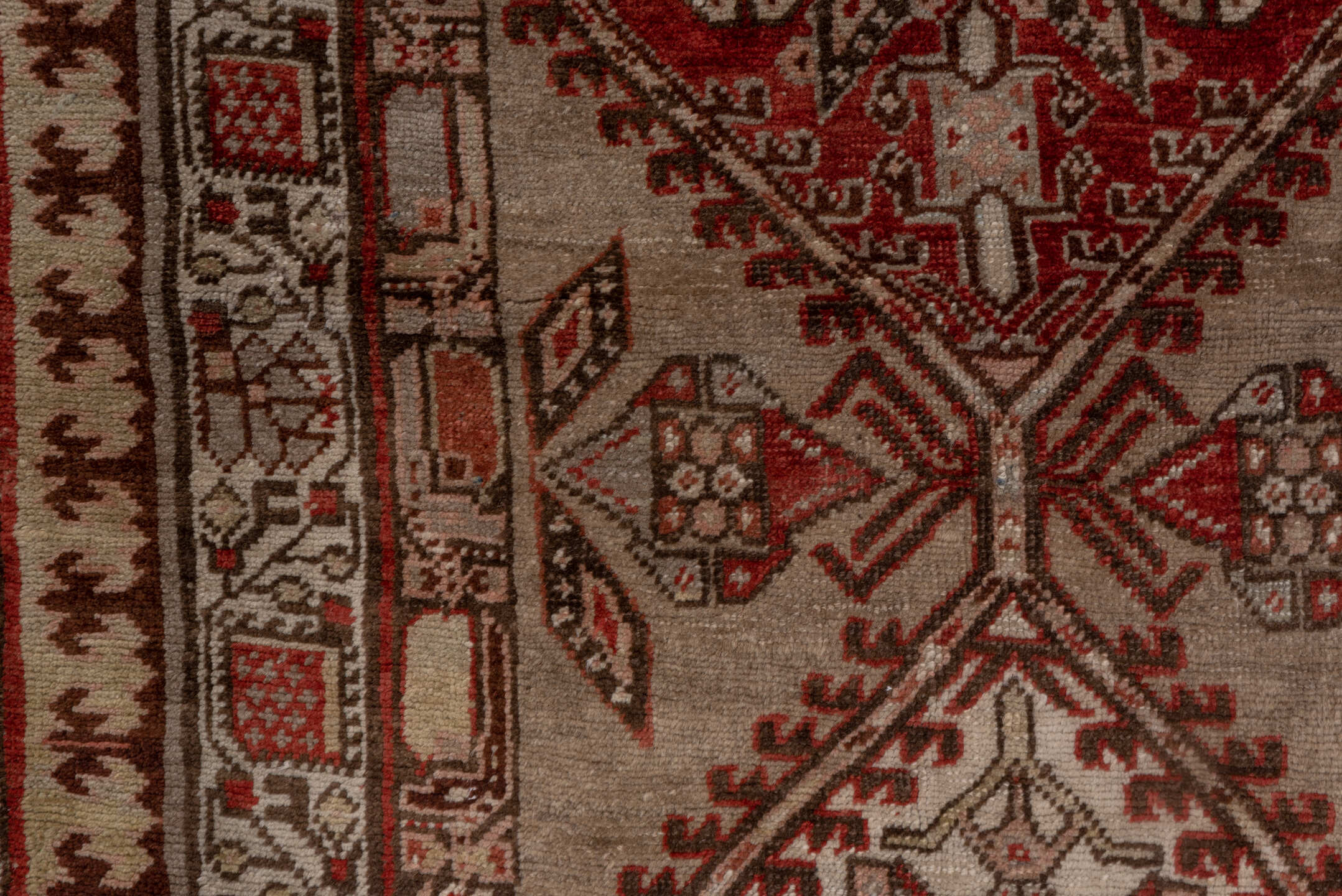 3' x 16' one-of-a-kind handmade antique Sarab runner rug. Color palette: ivory, rust, brown, camel, taupe, brick, charcoal