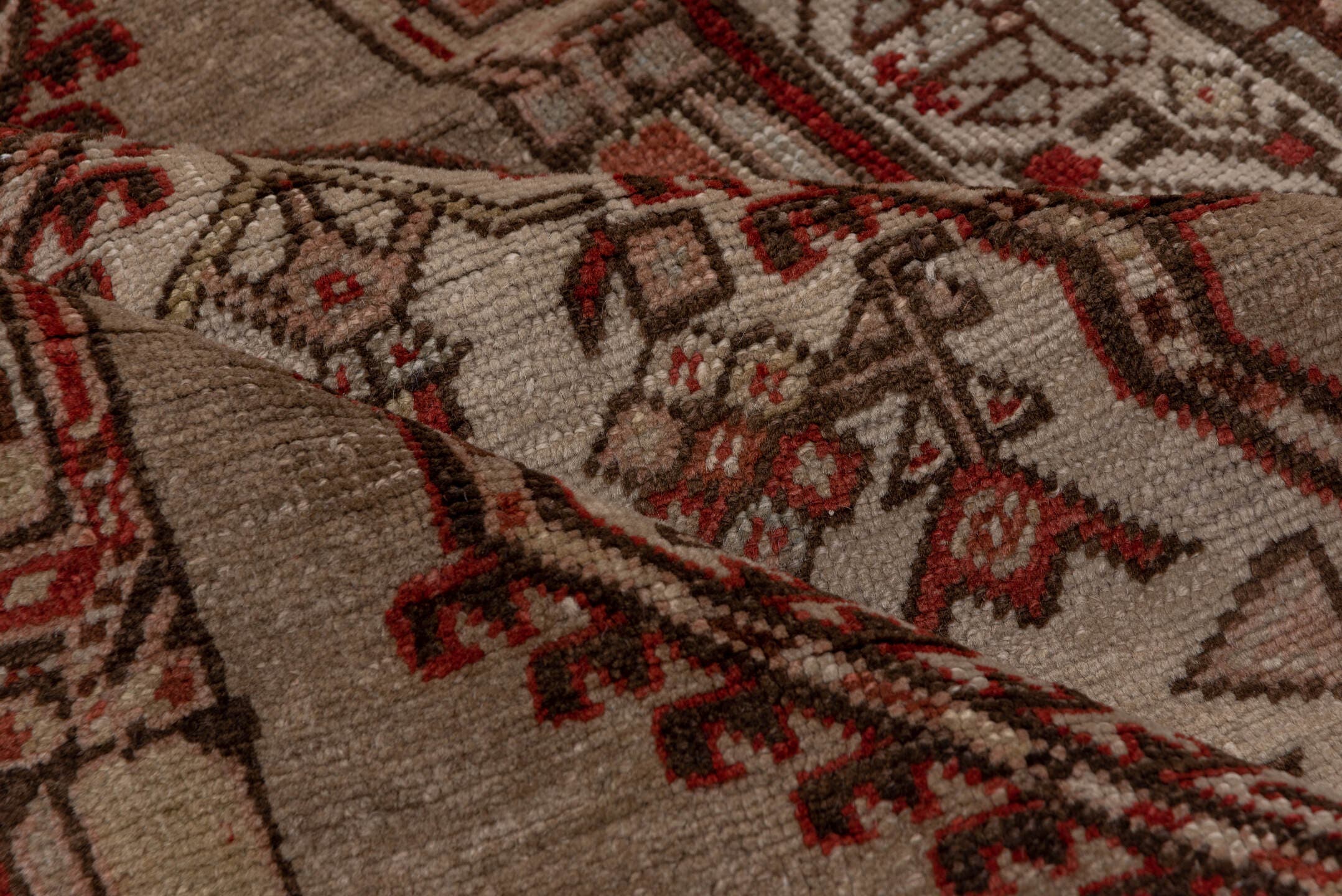 3' x 16' one-of-a-kind handmade antique Sarab runner rug. Color palette: ivory, rust, brown, camel, taupe, brick, charcoal