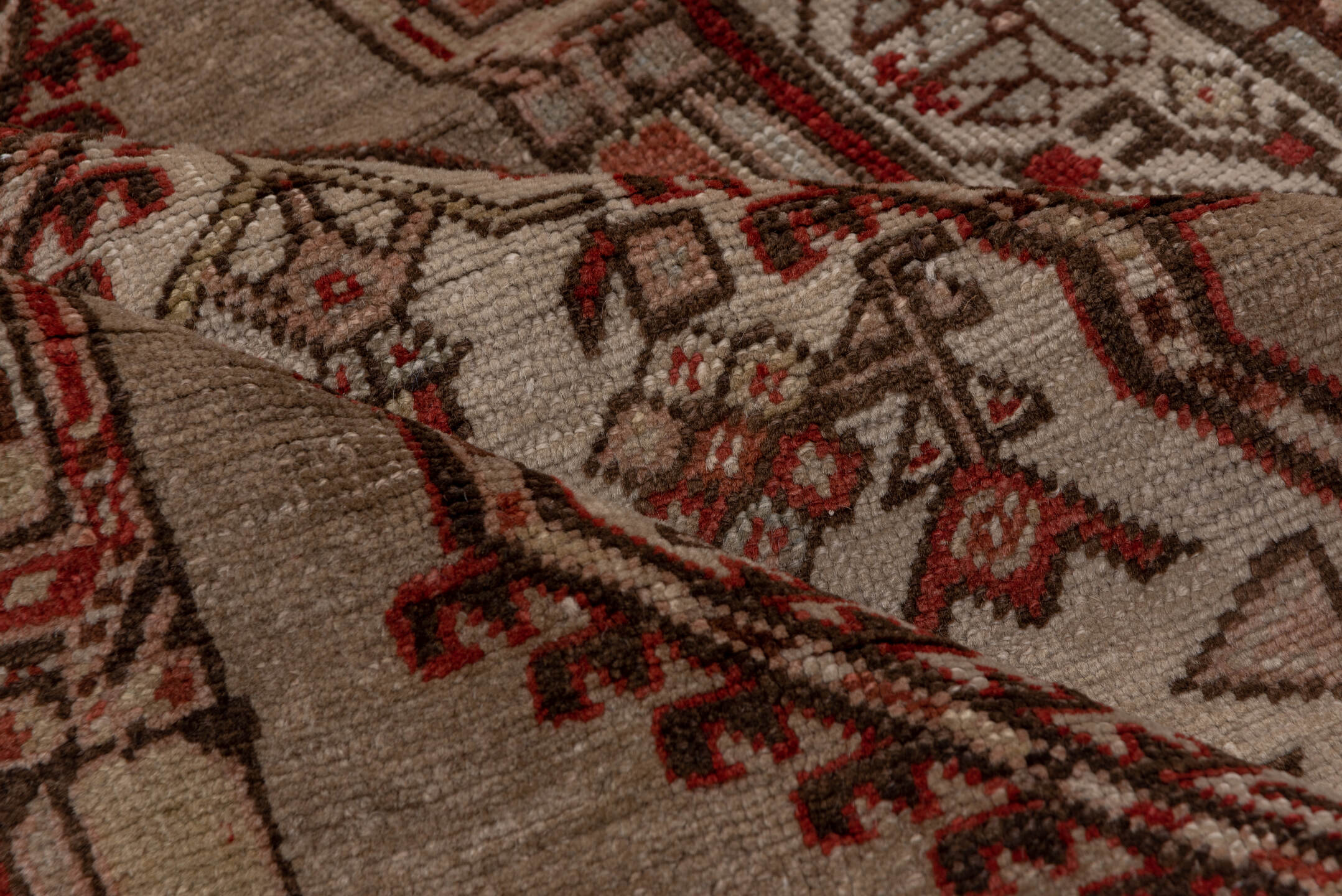 3' x 16' one-of-a-kind handmade antique Sarab runner rug. Color palette: ivory, rust, brown, camel, taupe, brick, charcoal