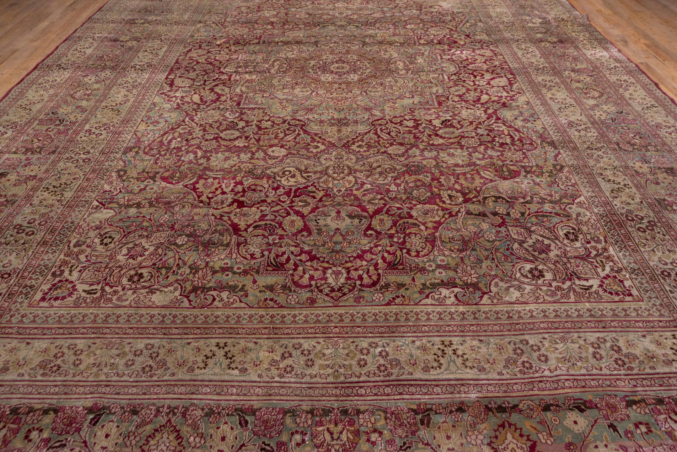 12' x 19' one-of-a-kind handmade antique Khorassan oversize rug. Color palette: rose, ivory, burgundy, dusty blue, blush