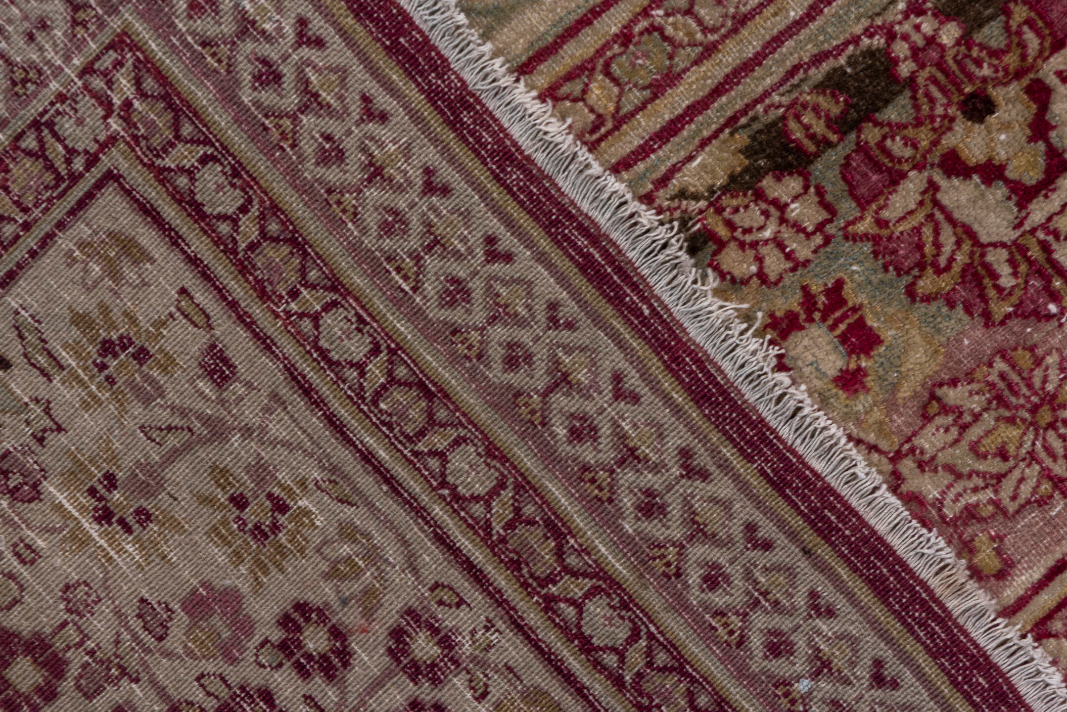 12' x 19' one-of-a-kind handmade antique Khorassan oversize rug. Color palette: rose, ivory, burgundy, dusty blue, blush