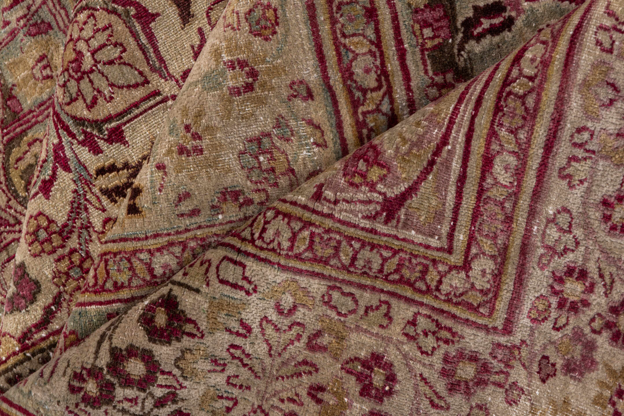 12' x 19' one-of-a-kind handmade antique Khorassan oversize rug. Color palette: rose, ivory, burgundy, dusty blue, blush