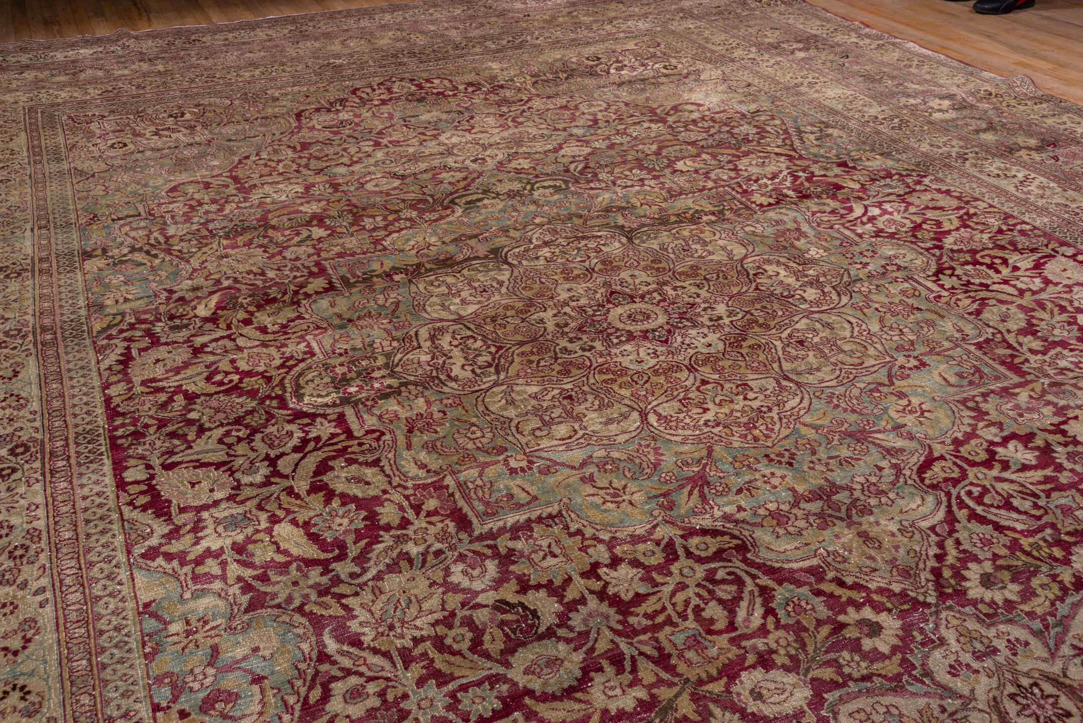 12' x 19' one-of-a-kind handmade antique Khorassan oversize rug. Color palette: rose, ivory, burgundy, dusty blue, blush